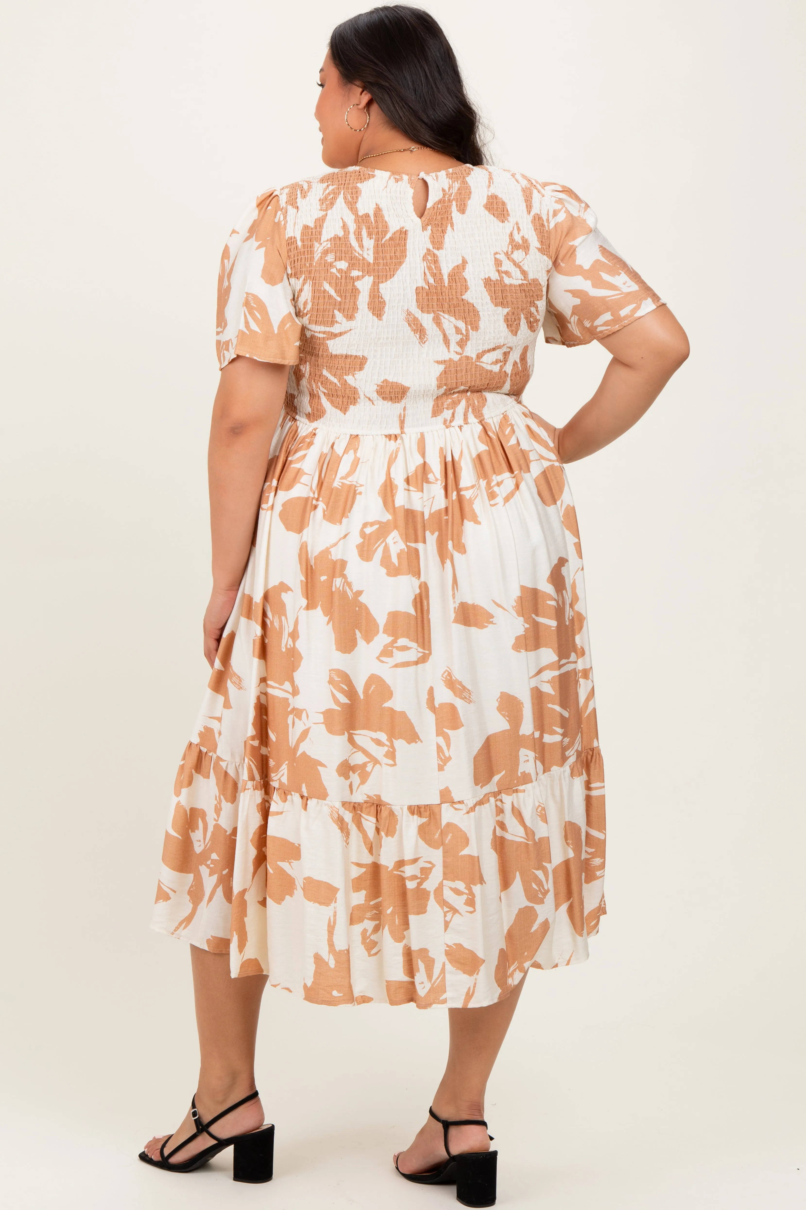 Cream Floral Smocked Short Sleeve Plus Midi Dress sold by Pinkblush product image thumbnail 4