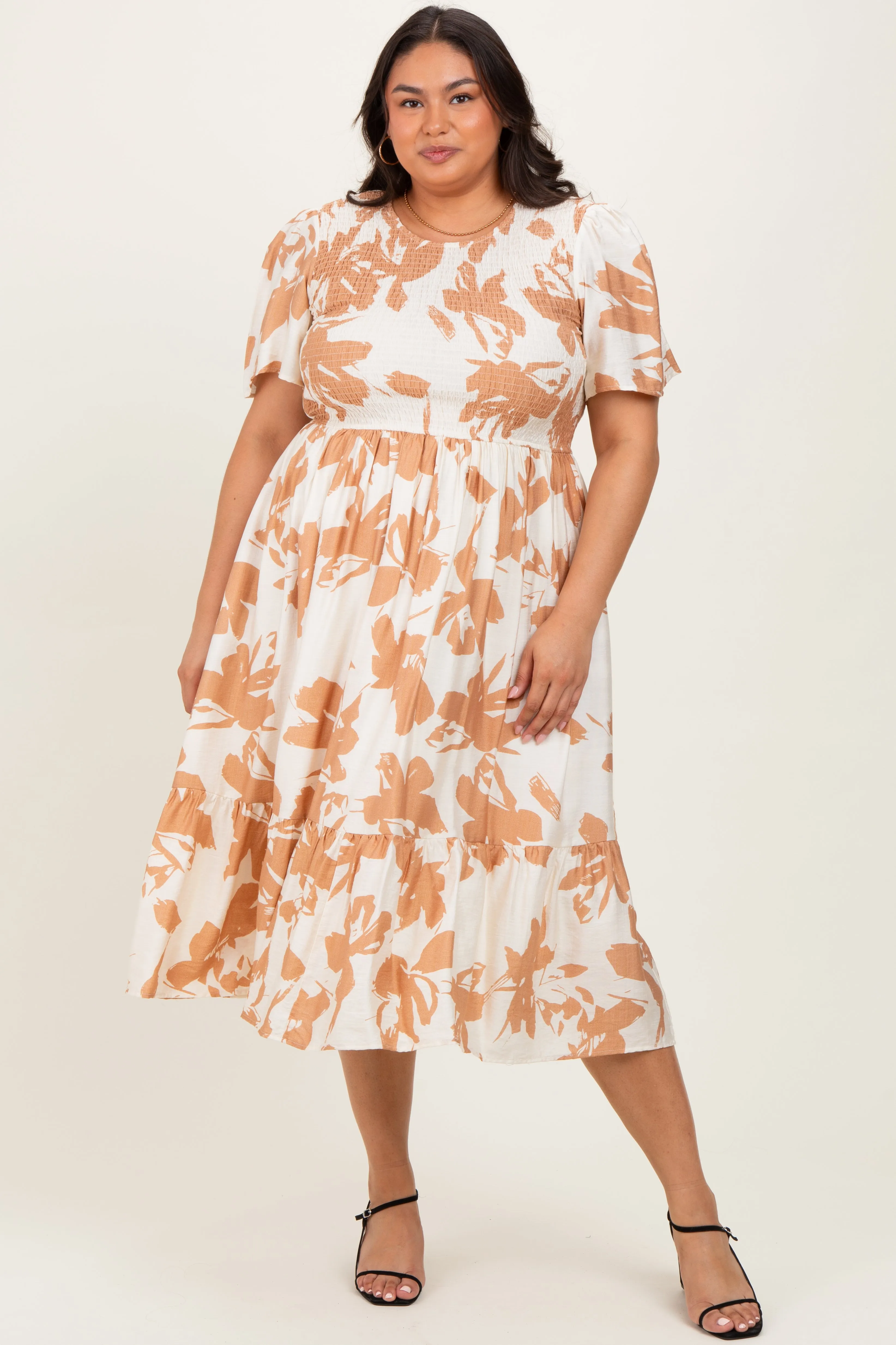 Cream Floral Smocked Short Sleeve Plus Midi Dress sold by Pinkblush