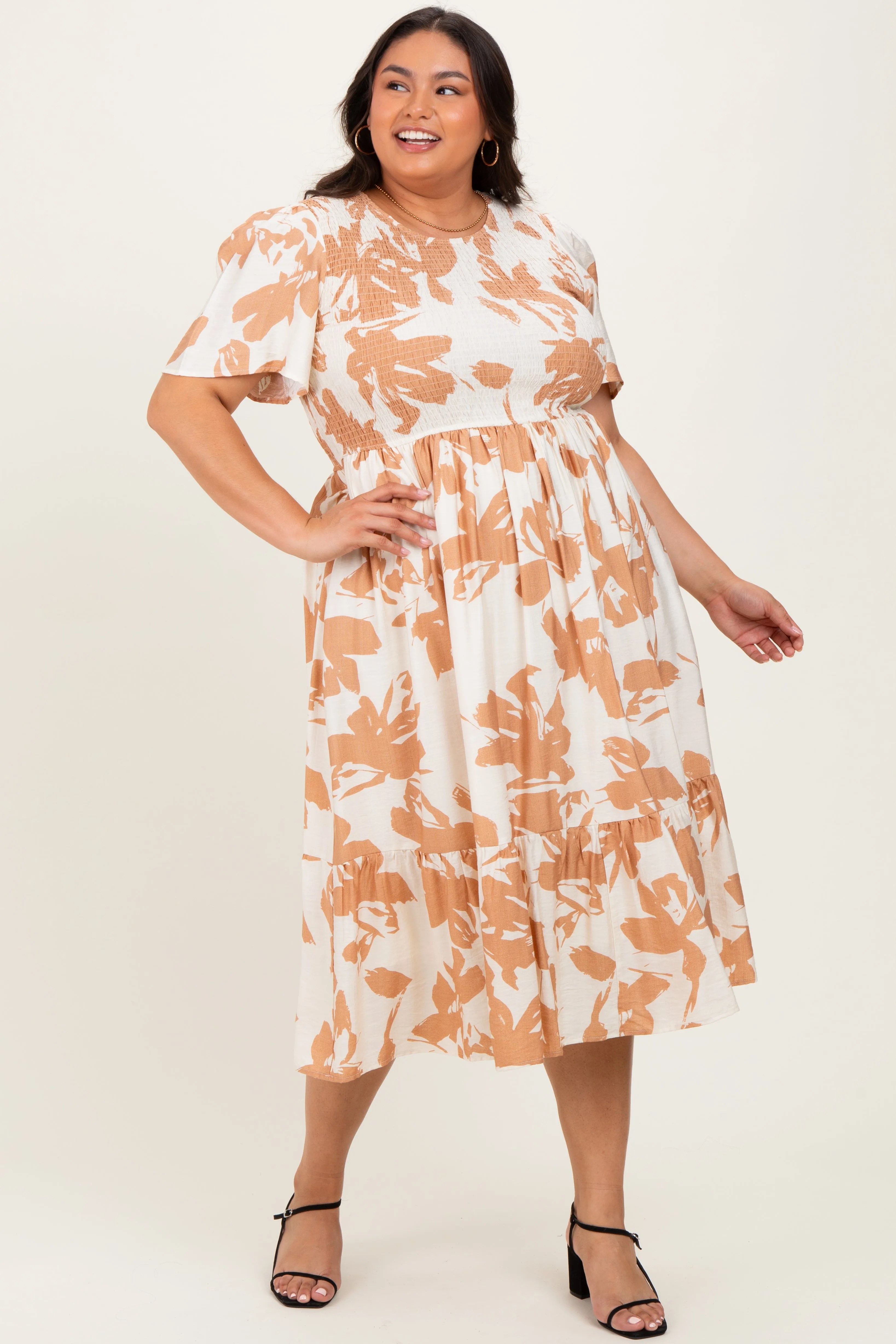 Cream Floral Smocked Short Sleeve Plus Midi Dress sold by Pinkblush product image thumbnail 2