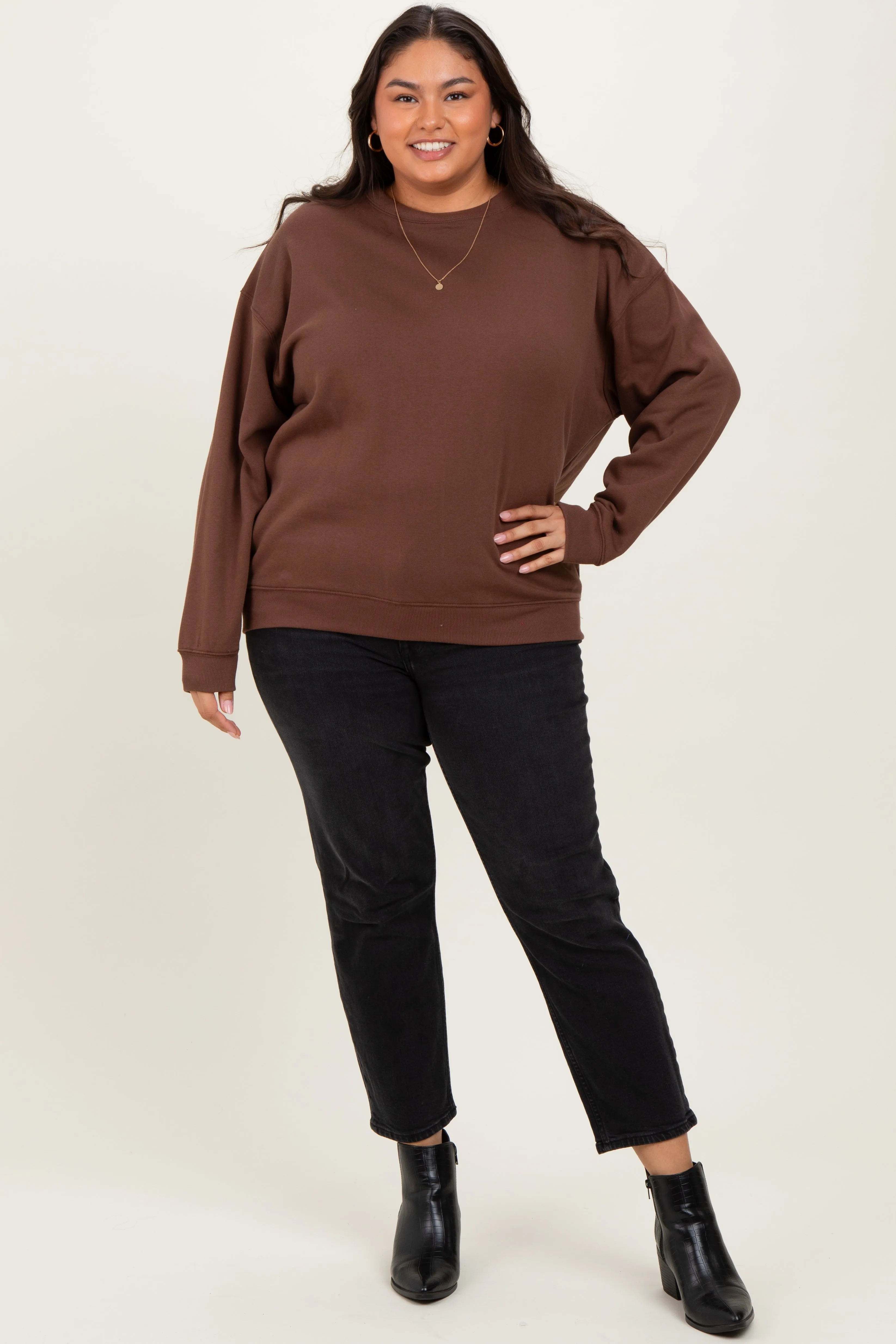 Brown Basic Fleece Crewneck Sweatshirt sold by Pinkblush product image thumbnail 2