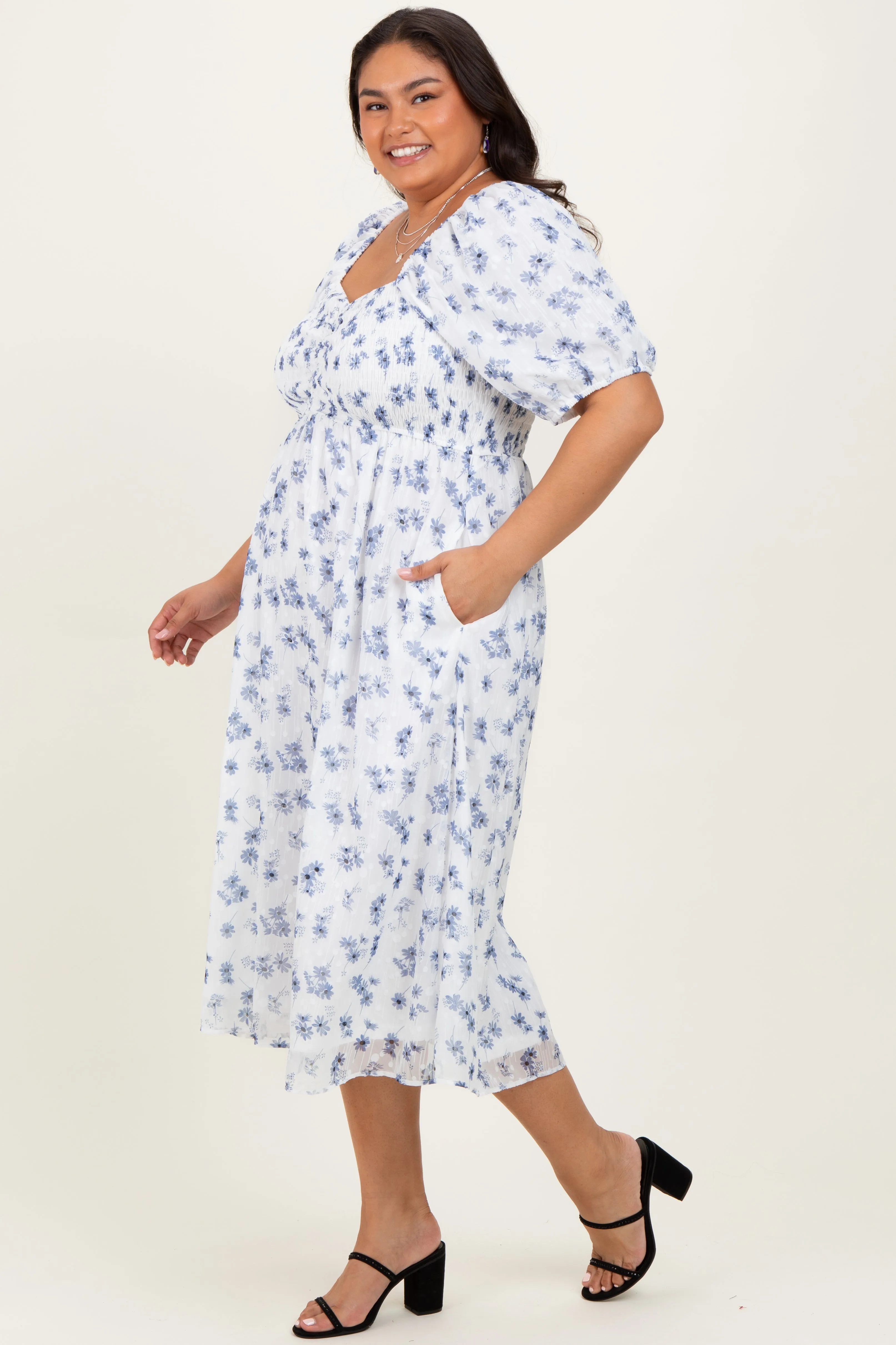 Blue Smocked Cinched Bodice Plus Midi Dress sold by Pinkblush product image thumbnail 3