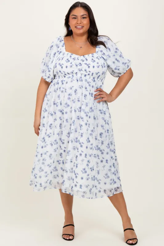 Blue Smocked Cinched Bodice Plus Midi Dress sold by Pinkblush