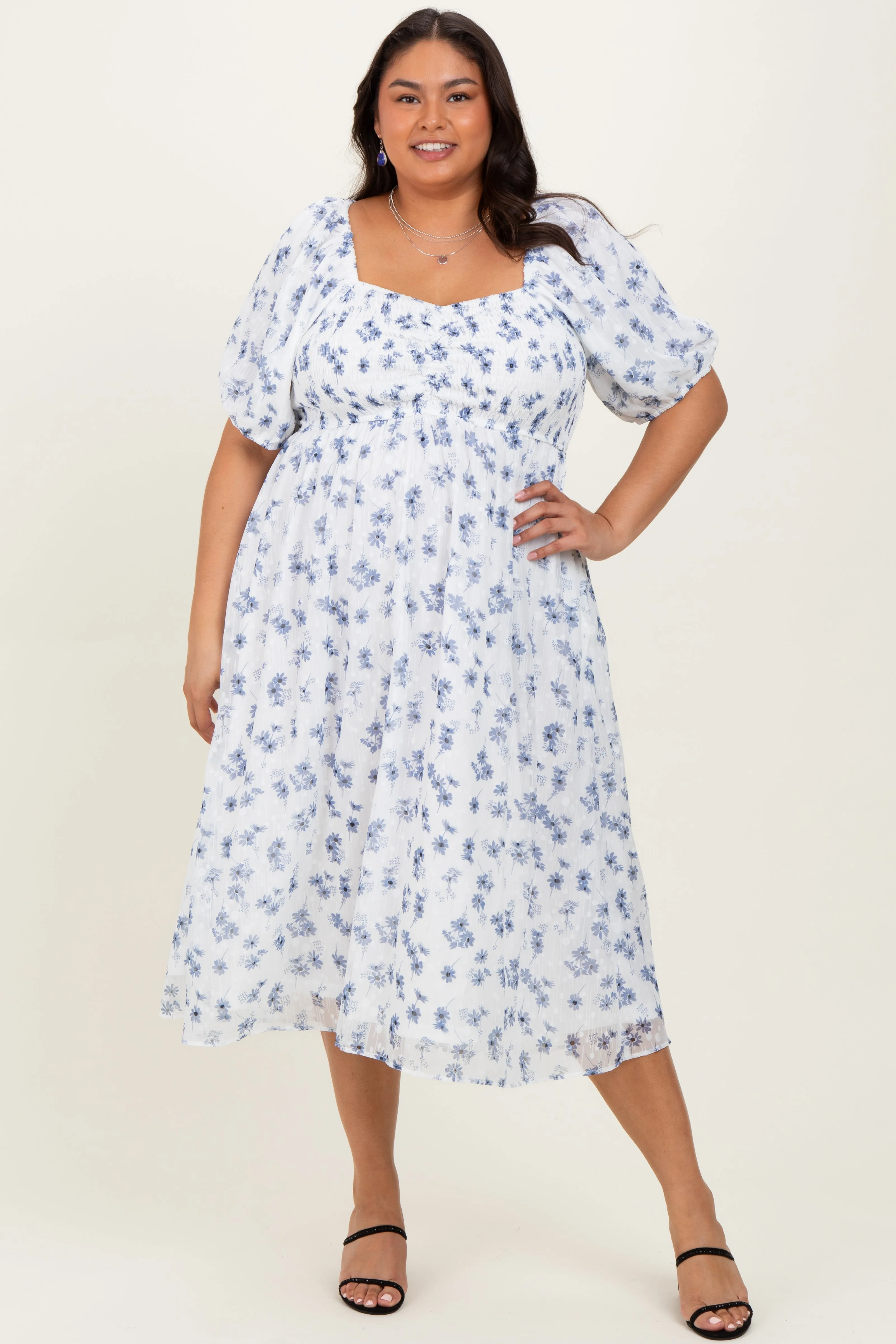 Blue Smocked Cinched Bodice Plus Midi Dress sold by Pinkblush