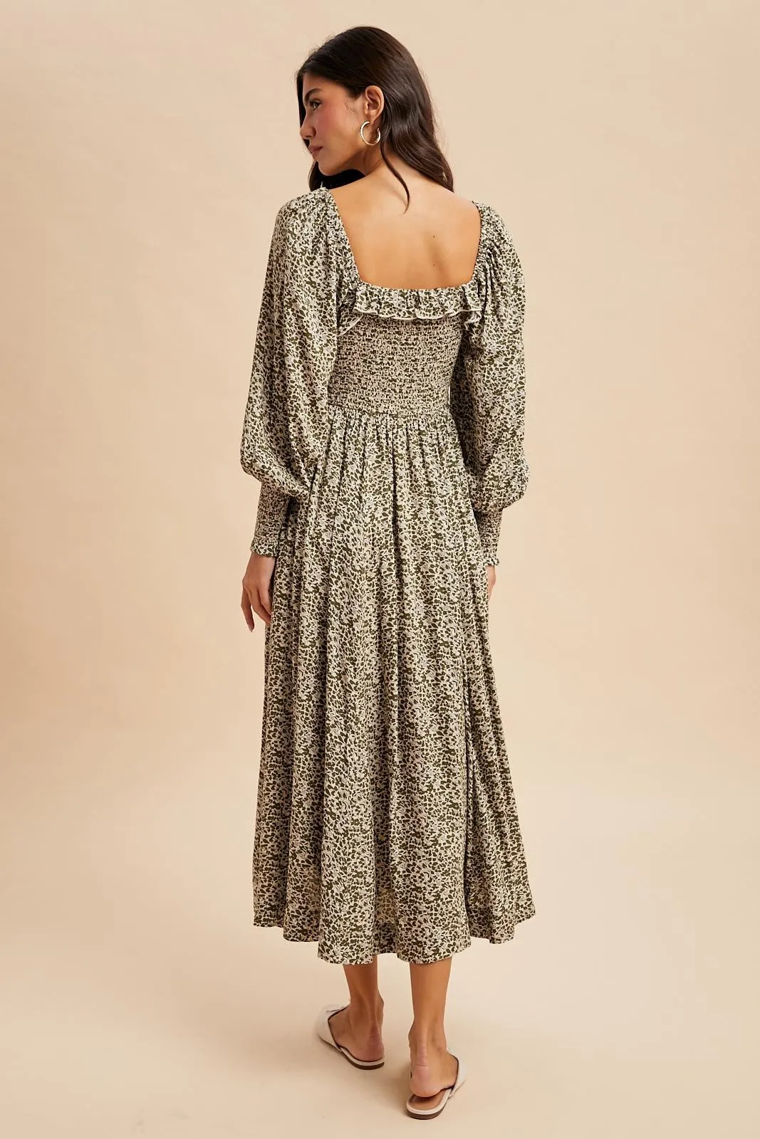 Light Olive Smocked Ruffled Floral Maxi Dress sold by Pinkblush product image thumbnail 4