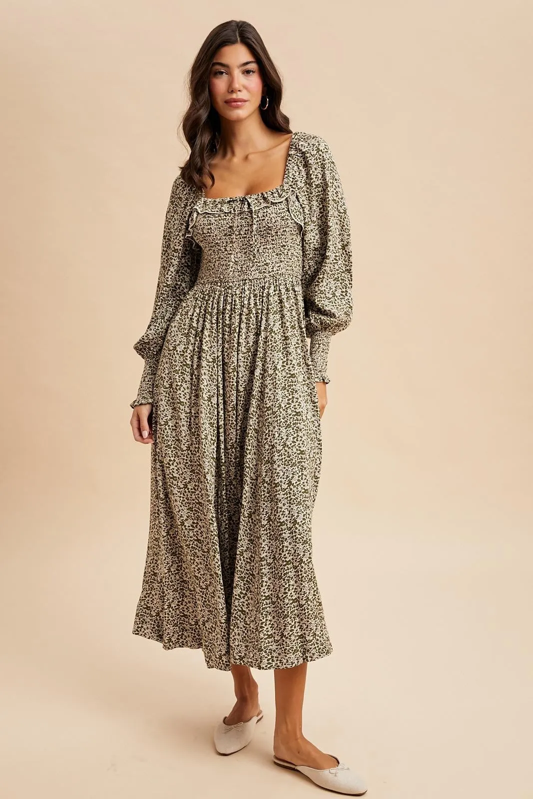 Light Olive Smocked Ruffled Floral Maxi Dress sold by Pinkblush product image thumbnail 2