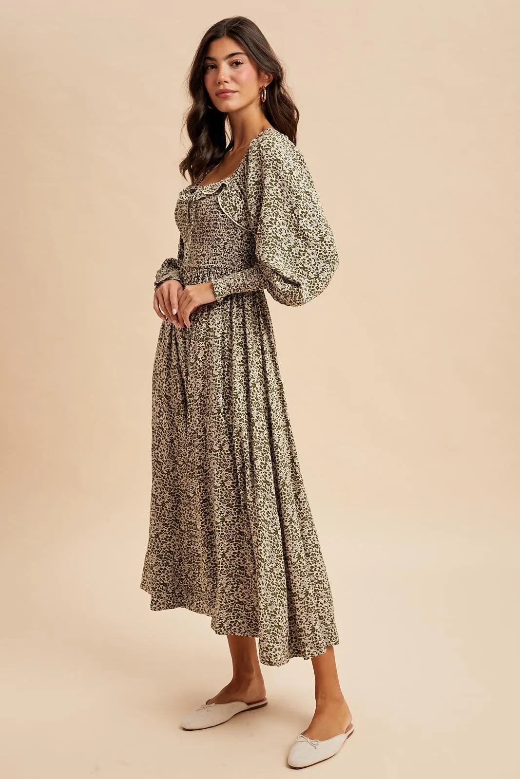 Light Olive Smocked Ruffled Floral Maxi Dress sold by Pinkblush product image thumbnail 3