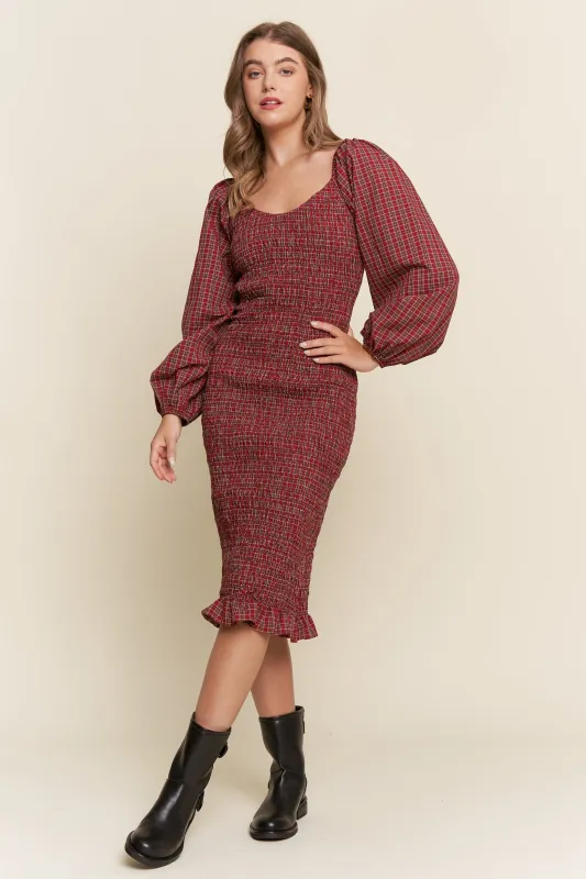 Burgundy Plaid Long Sleeve Bodycon Midi Dress sold by Pinkblush