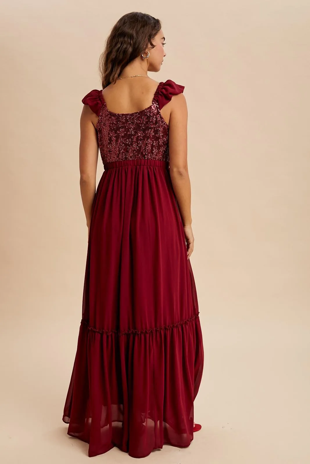 Burgundy Chiffon Sequin Bodice Maxi Dress sold by Pinkblush product image thumbnail 5