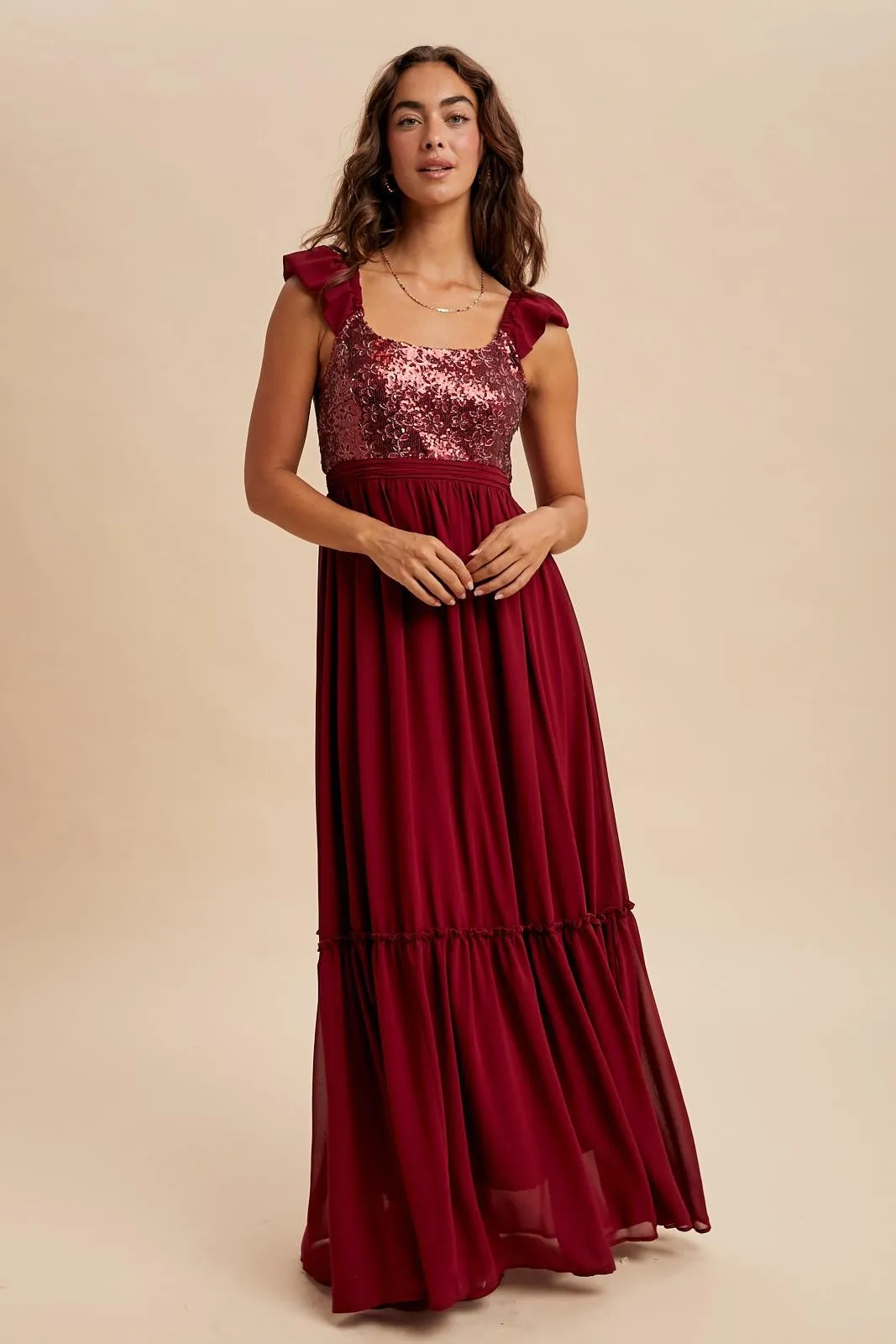 Burgundy Chiffon Sequin Bodice Maxi Dress sold by Pinkblush product image thumbnail 2
