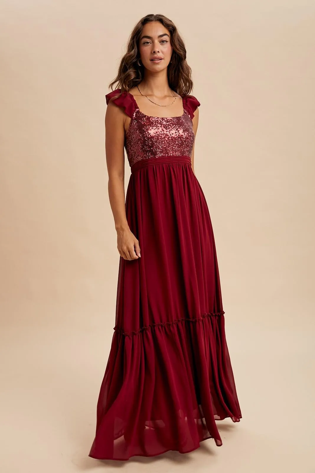 Burgundy Chiffon Sequin Bodice Maxi Dress sold by Pinkblush product image thumbnail 3