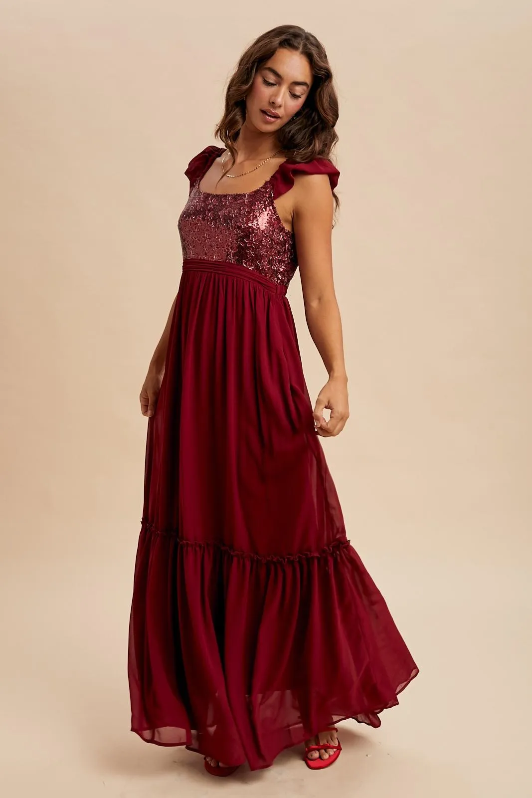 Burgundy Chiffon Sequin Bodice Maxi Dress sold by Pinkblush product image thumbnail 4
