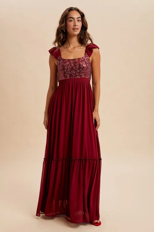 Burgundy Chiffon Sequin Bodice Maxi Dress sold by Pinkblush