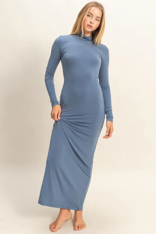 Blue Turtleneck Long Sleeve Maxi Dress sold by Pinkblush