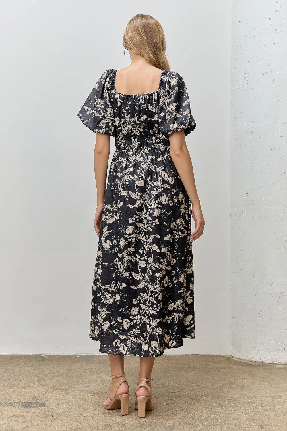 Black Floral Puff Sleeve Smocked Waist Midi Dress sold by Pinkblush product image thumbnail 3
