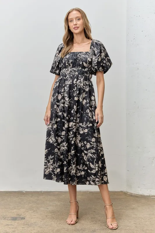 Black Floral Puff Sleeve Smocked Waist Midi Dress sold by Pinkblush