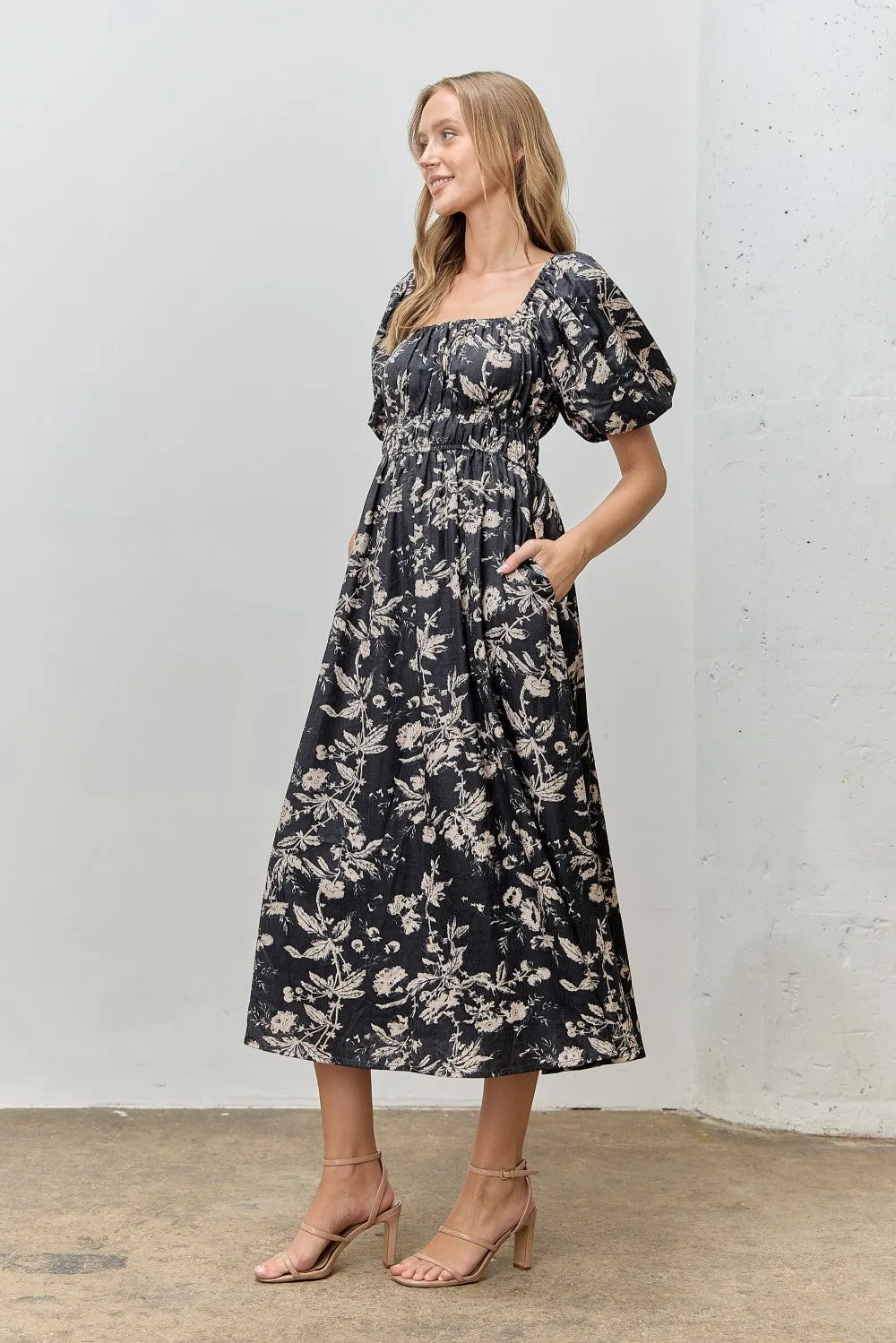Black Floral Puff Sleeve Smocked Waist Midi Dress sold by Pinkblush product image thumbnail 2