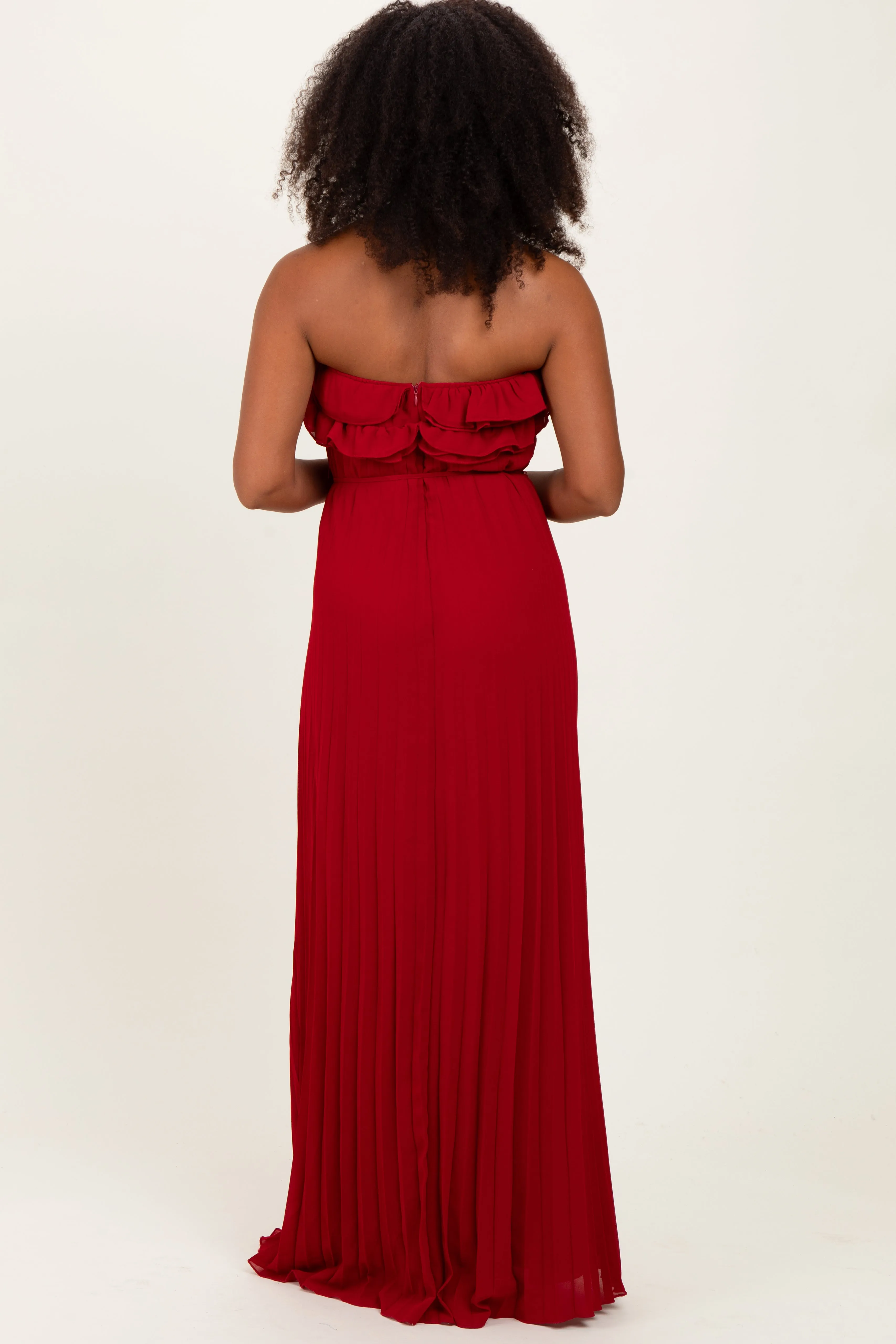 Red Ruffled Chest Pleated Maxi Dress With Self Tie sold by Pinkblush product image thumbnail 4