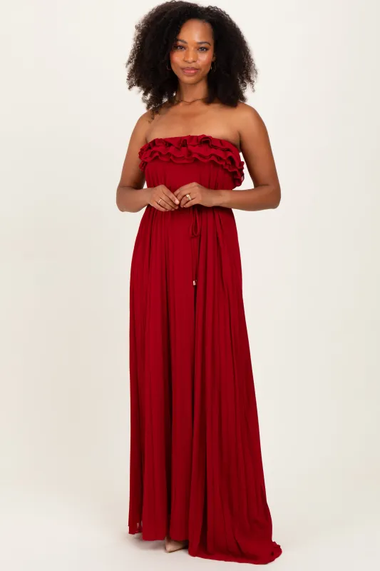 Red Ruffled Chest Pleated Maxi Dress With Self Tie sold by Pinkblush