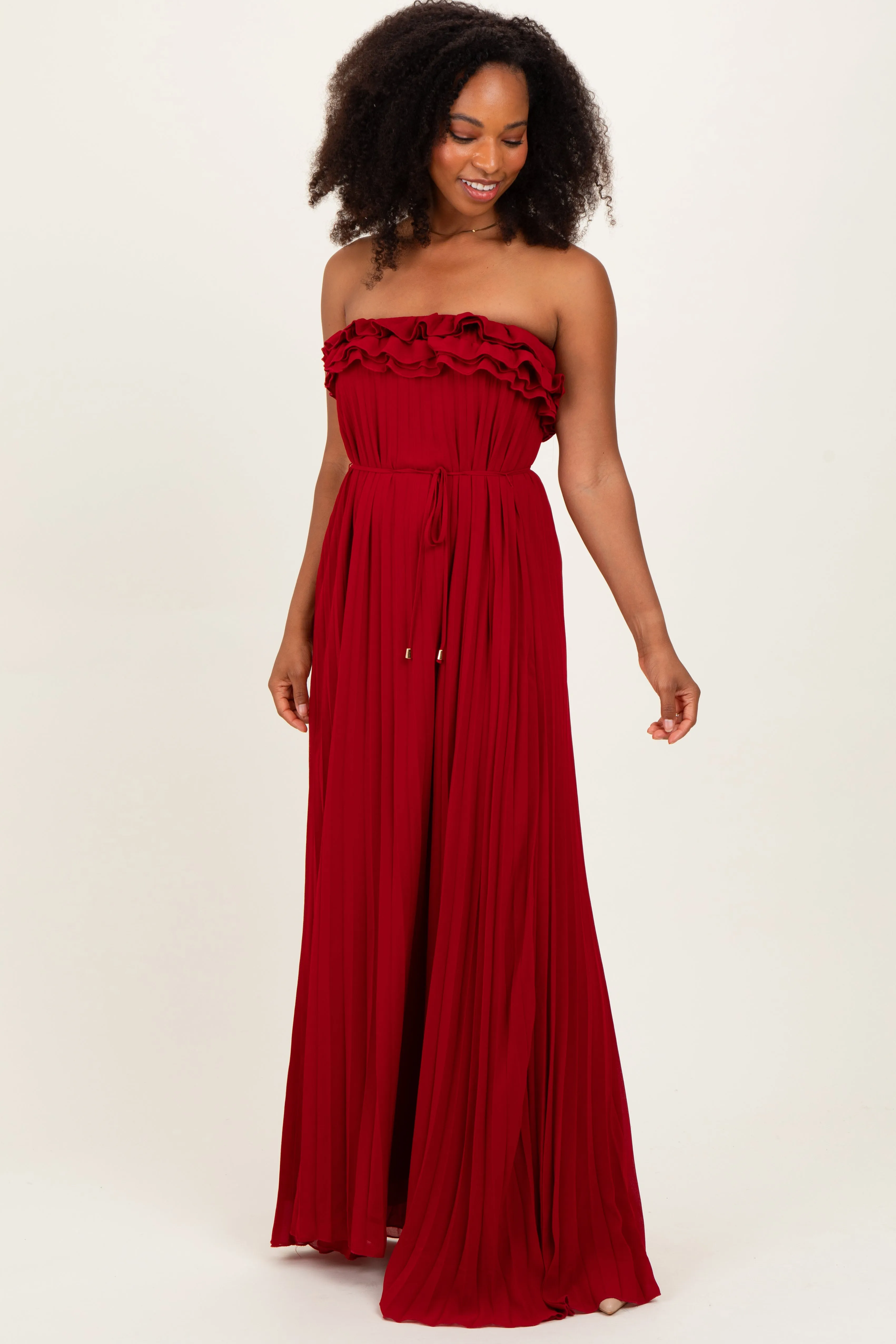 Red Ruffled Chest Pleated Maxi Dress With Self Tie sold by Pinkblush product image thumbnail 2