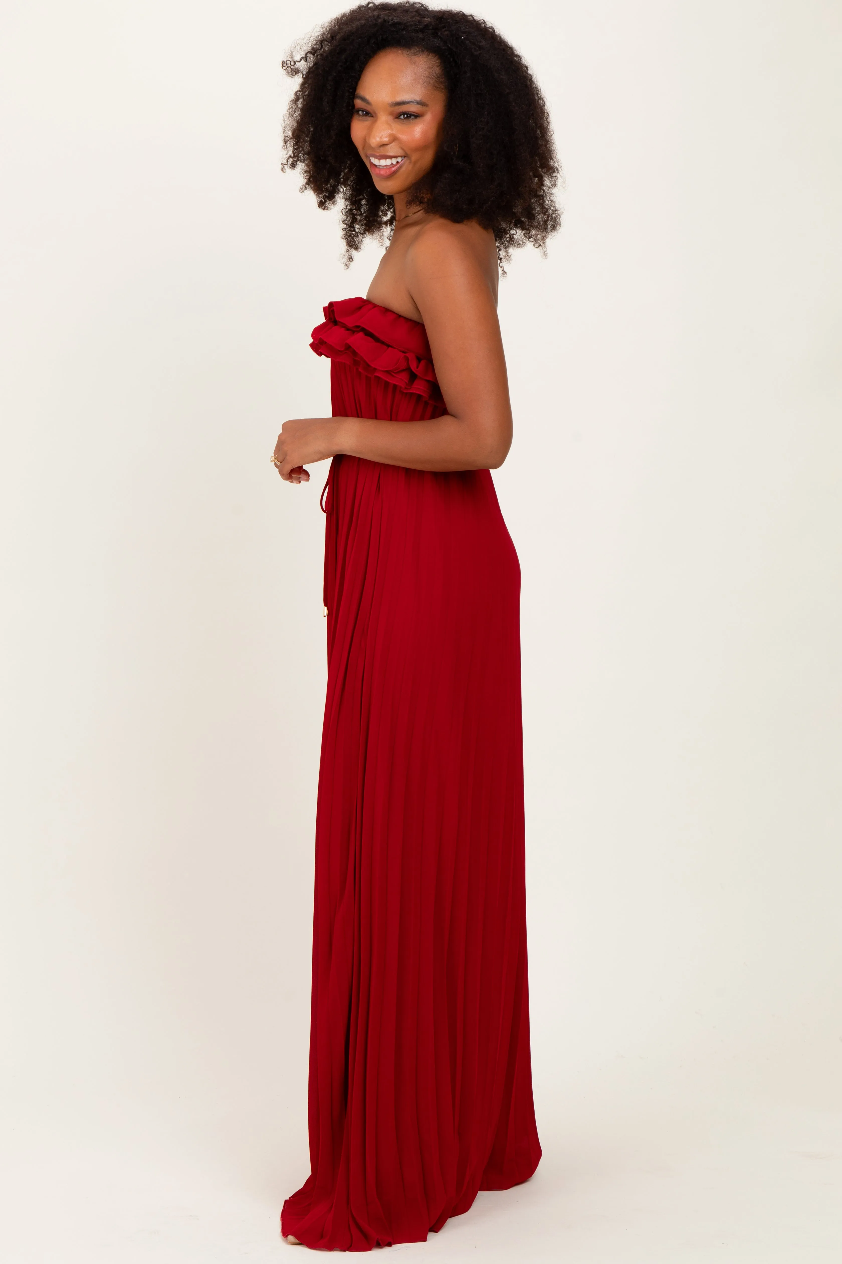 Red Ruffled Chest Pleated Maxi Dress With Self Tie sold by Pinkblush product image thumbnail 3