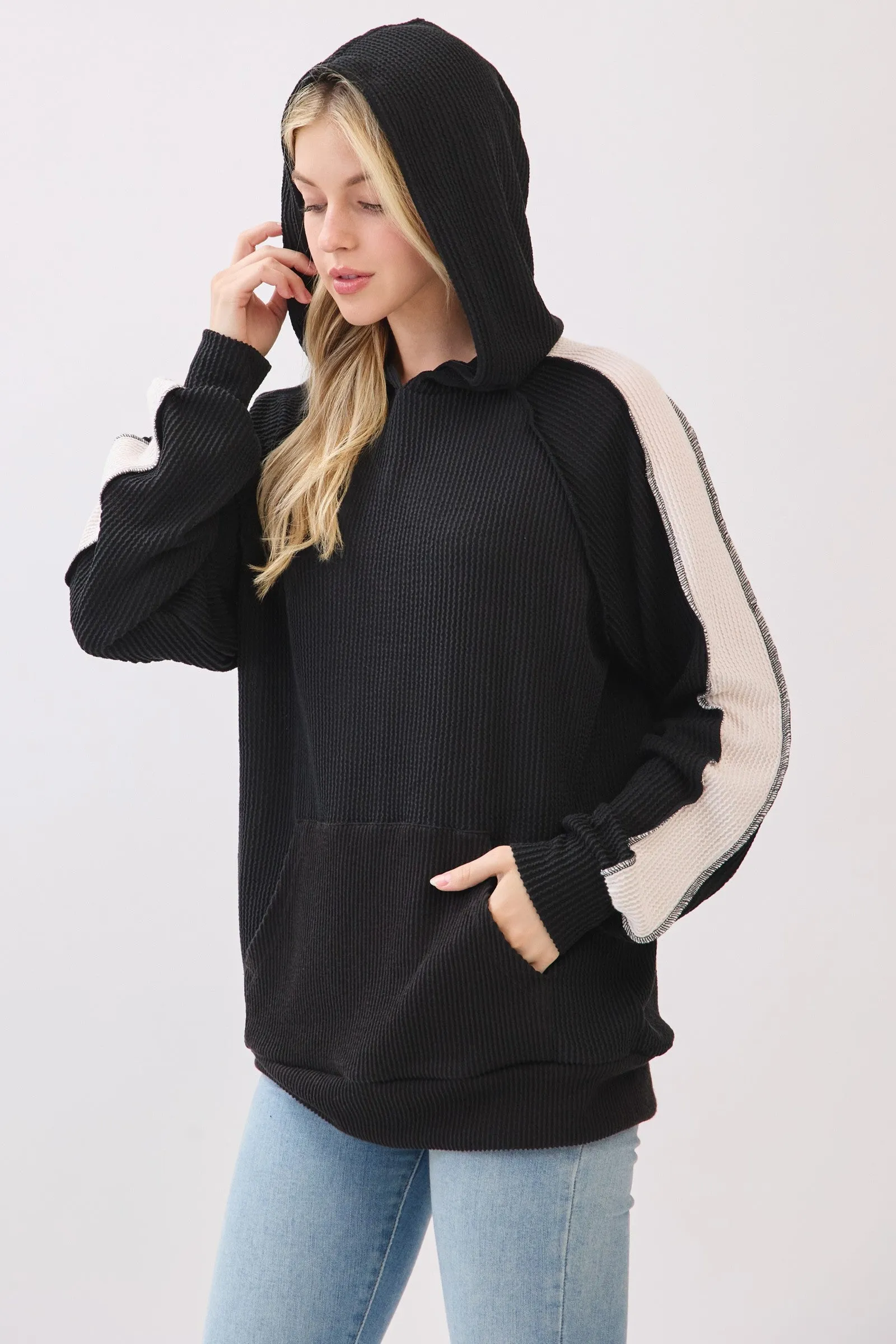Black Textured Rib Colorblock Hoodie sold by Pinkblush product image thumbnail 2
