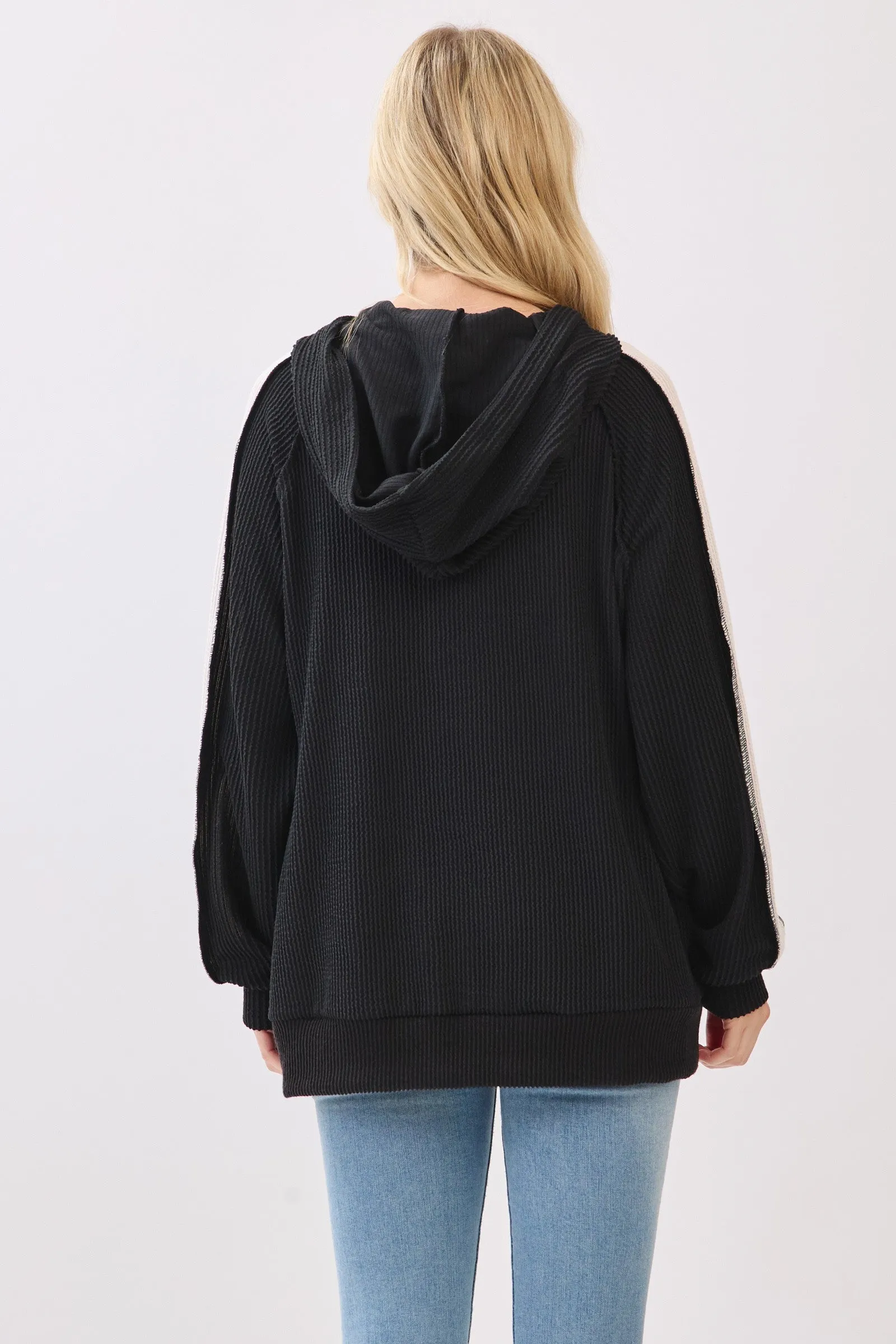 Black Textured Rib Colorblock Hoodie sold by Pinkblush product image thumbnail 3