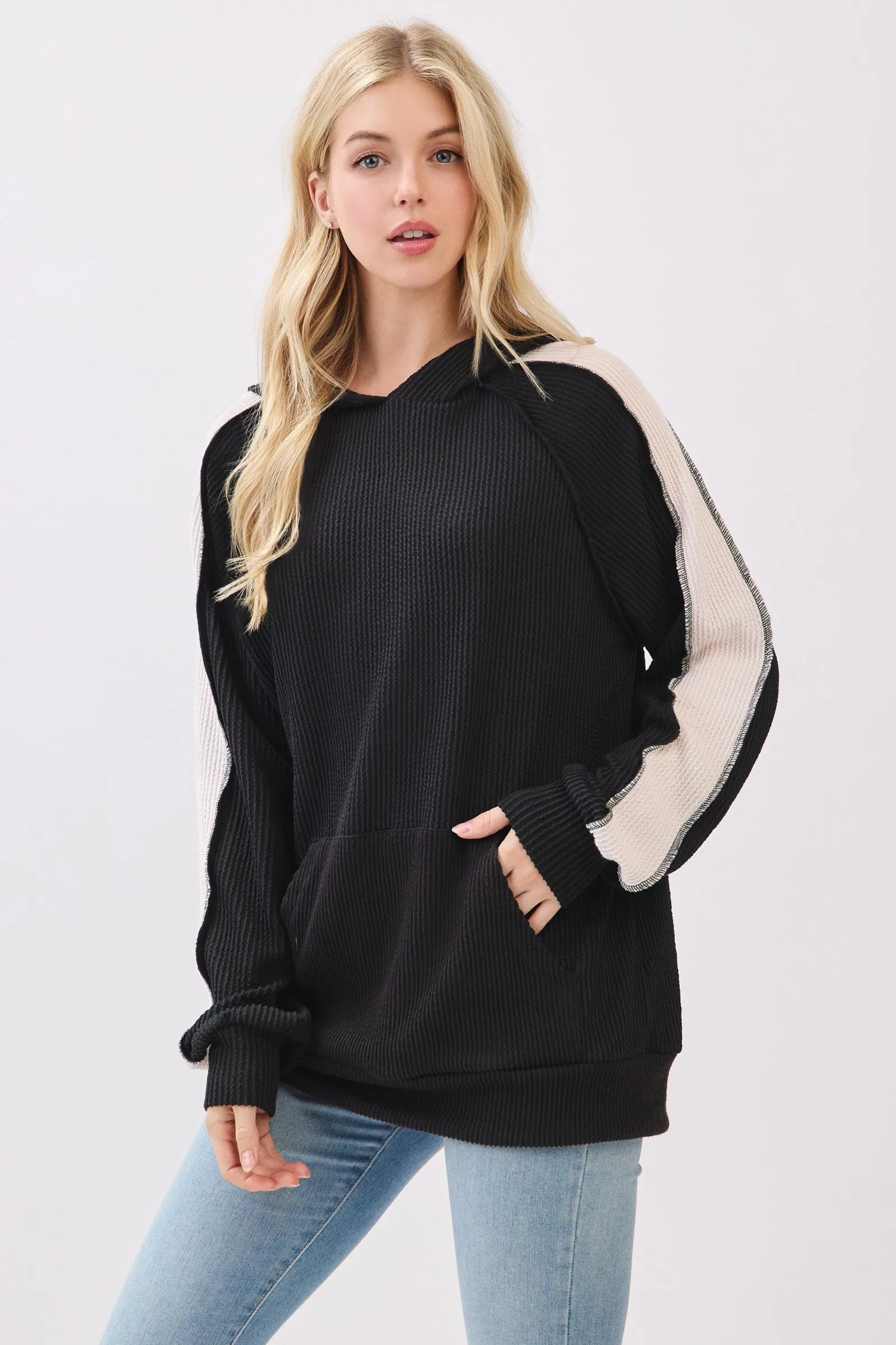 Black Textured Rib Colorblock Hoodie sold by Pinkblush