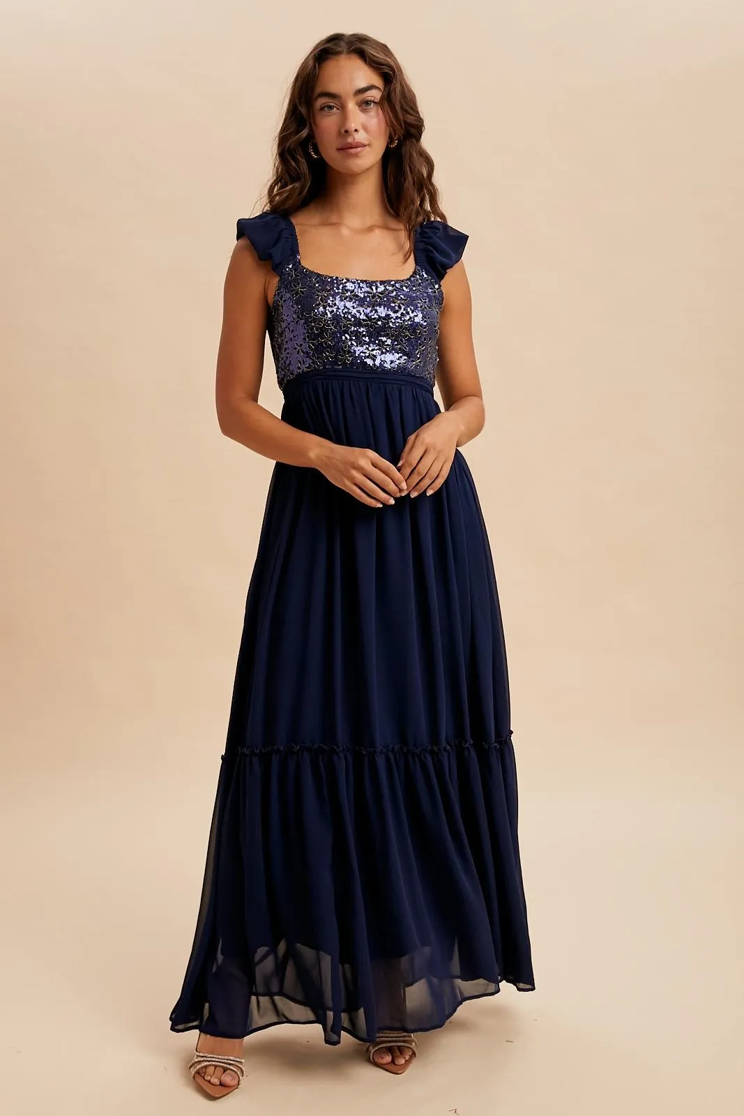 Navy Chiffon Sequin Bodice Maxi Dress sold by Pinkblush