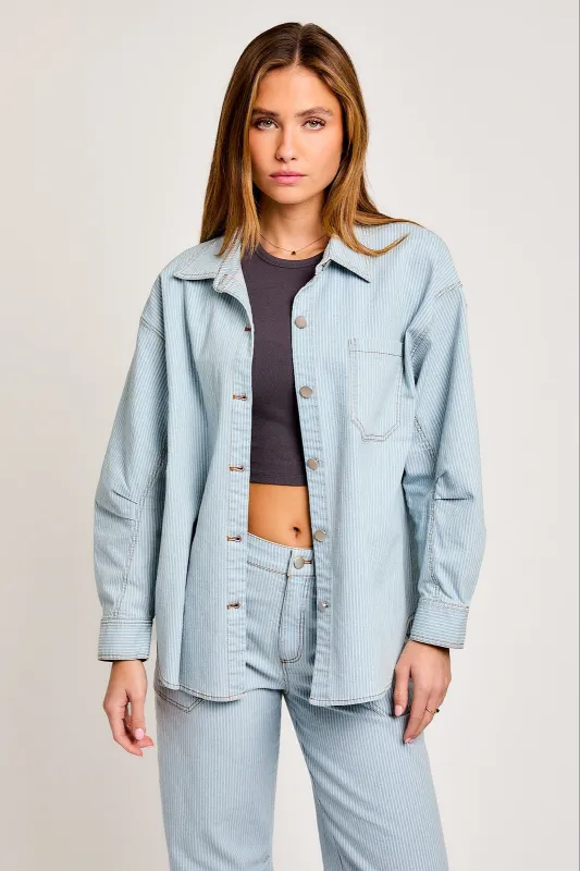 Denim-White Stripe Oversized Shacket sold by Pinkblush