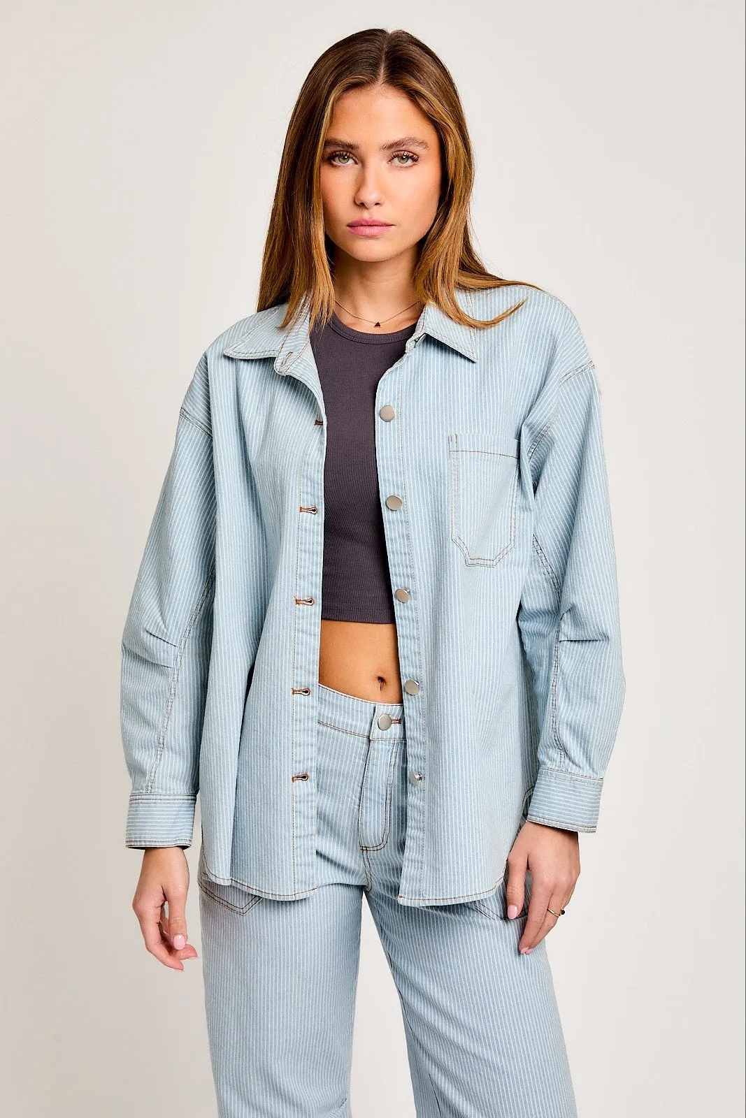 Denim-White Stripe Oversized Shacket sold by Pinkblush