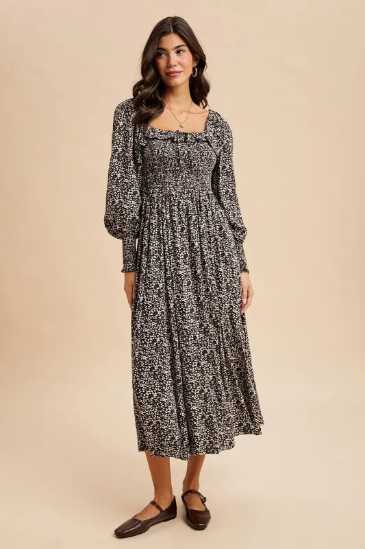 Navy Smocked Ruffled Floral Maxi Dress sold by Pinkblush