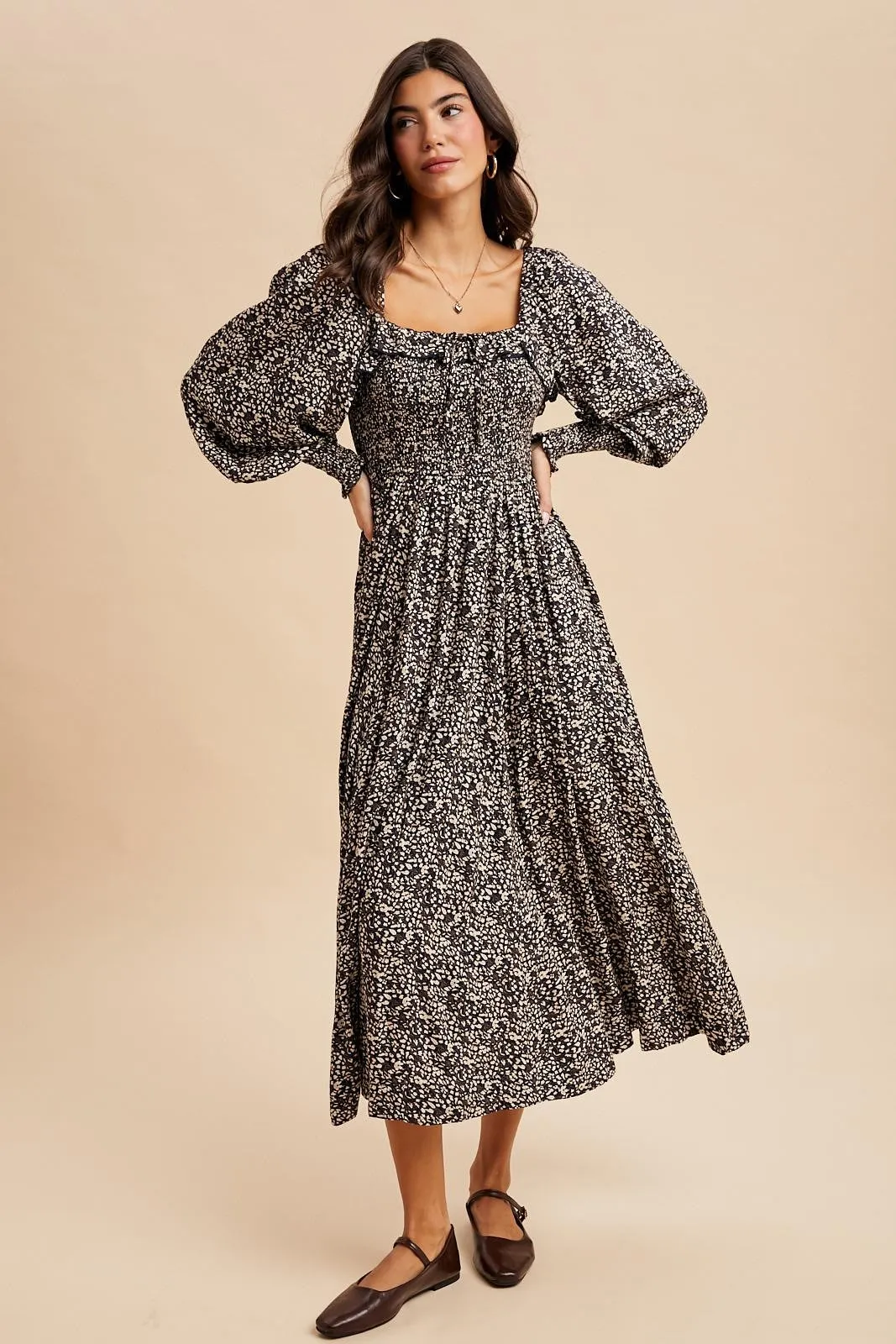 Navy Smocked Ruffled Floral Maxi Dress sold by Pinkblush product image thumbnail 2