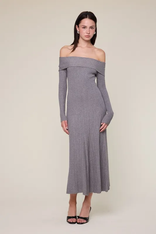 Heather Grey Ribbed Knit Off Shoulder Midi Dress sold by Pinkblush