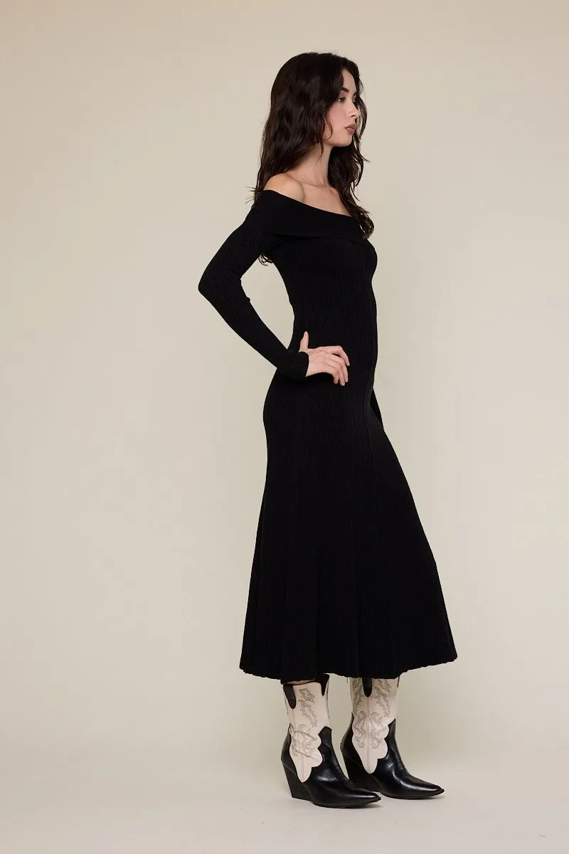 Black Ribbed Knit Off Shoulder Midi Dress sold by Pinkblush product image thumbnail 2