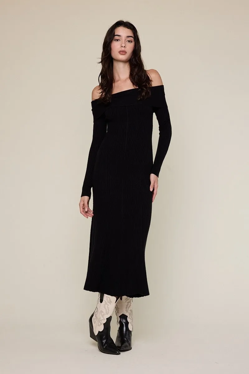 Black Ribbed Knit Off Shoulder Midi Dress sold by Pinkblush