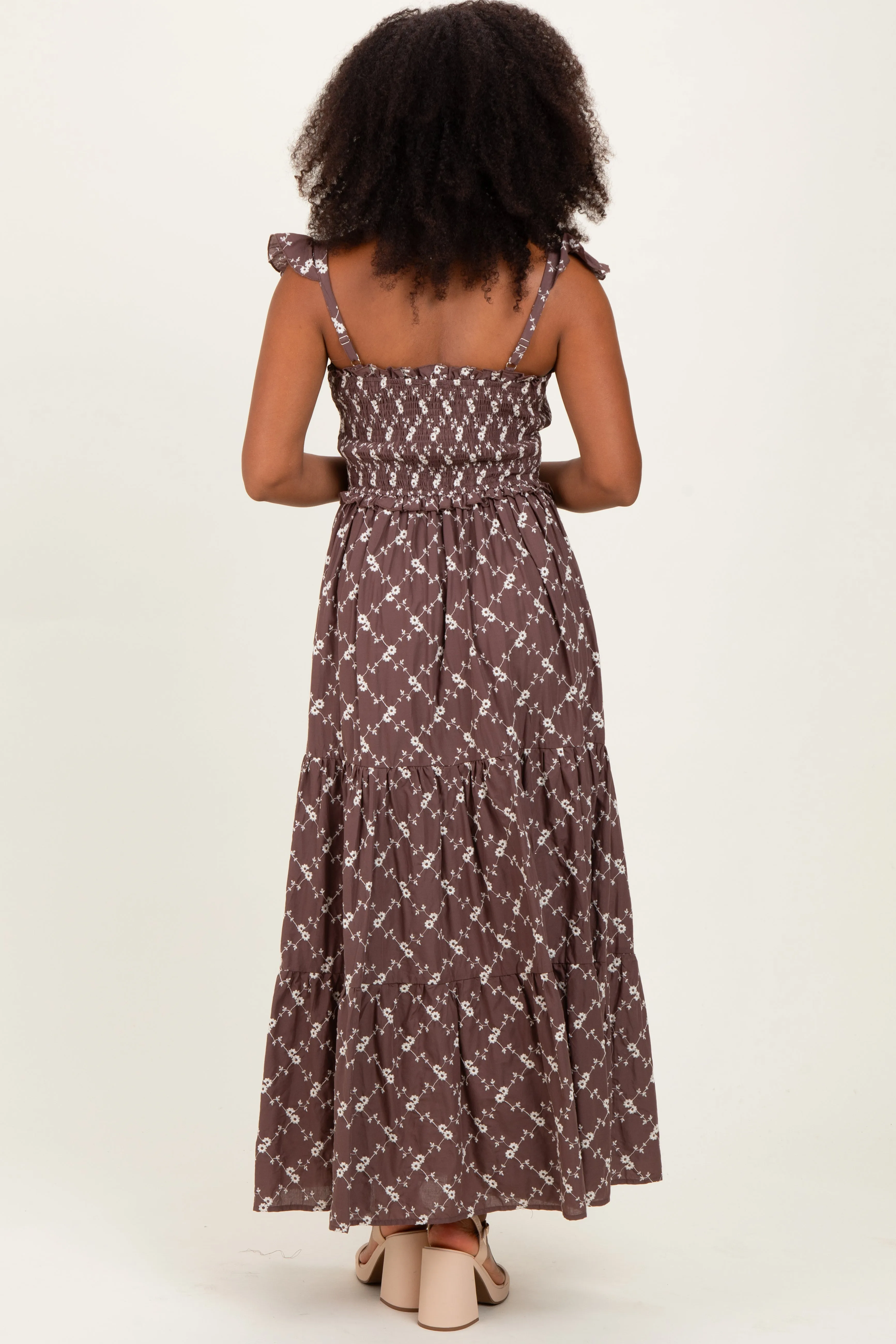 Brown Off White Floral Embroidered Tiered Maxi Dress sold by Pinkblush product image thumbnail 4