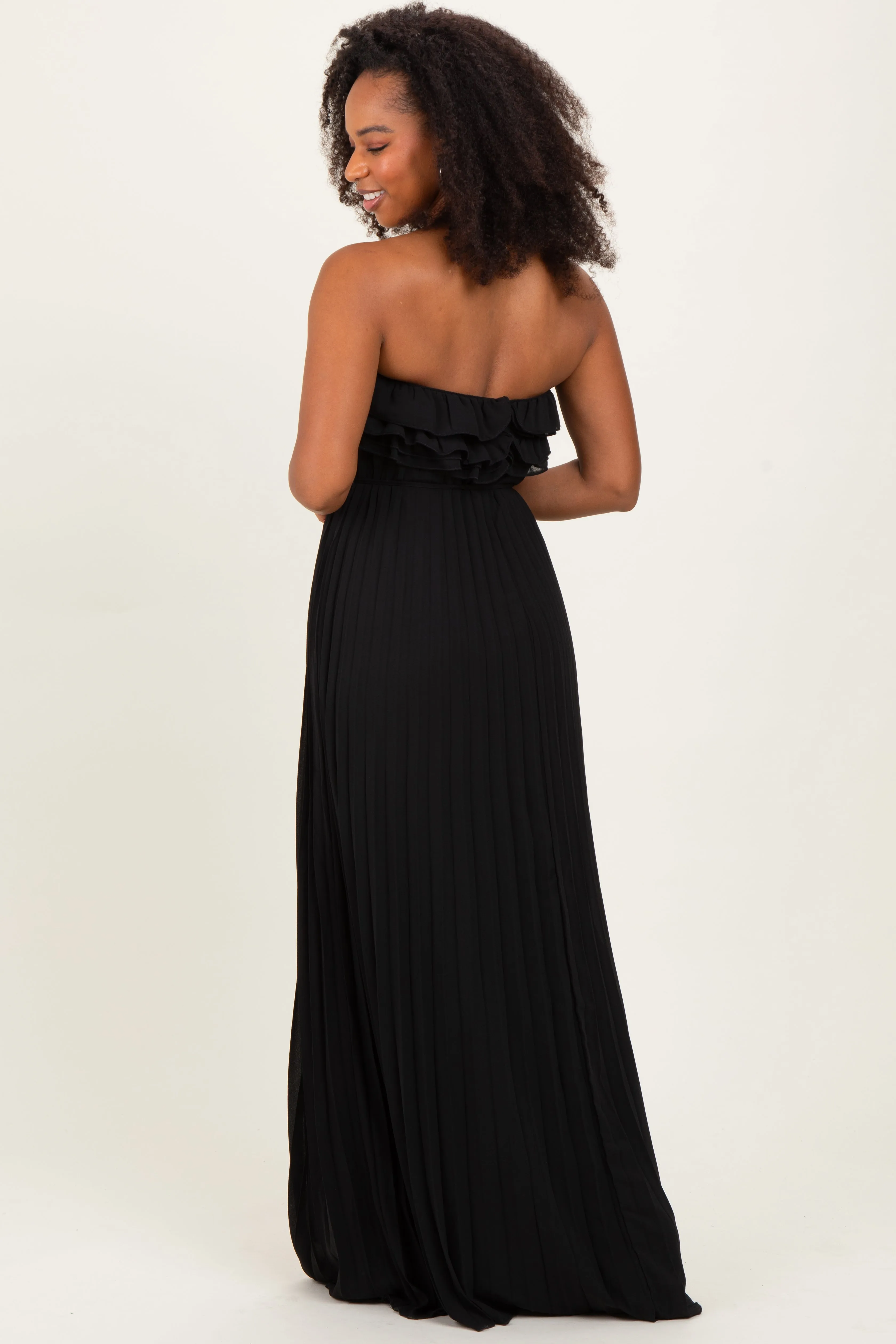 Black Ruffled Chest Pleated Maxi Dress With Self Tie sold by Pinkblush product image thumbnail 4