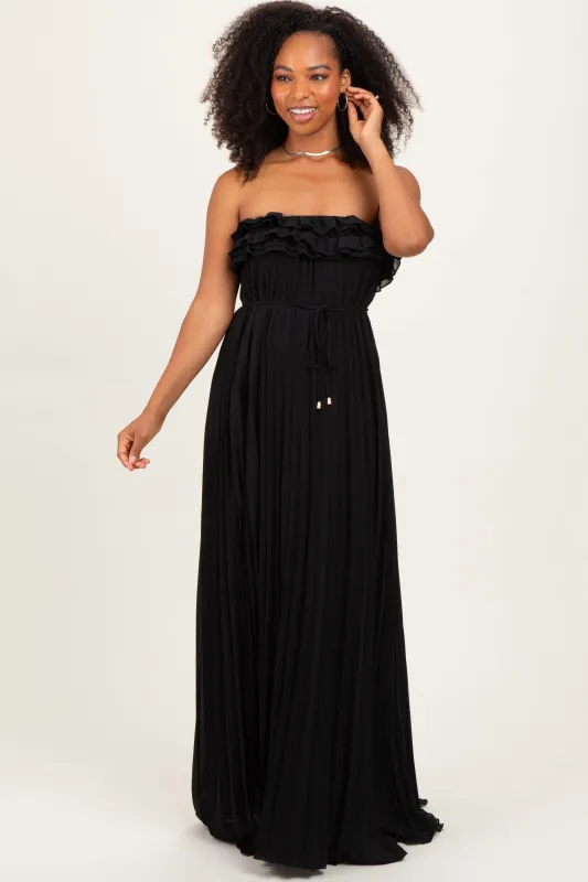 Black Ruffled Chest Pleated Maxi Dress With Self Tie sold by Pinkblush