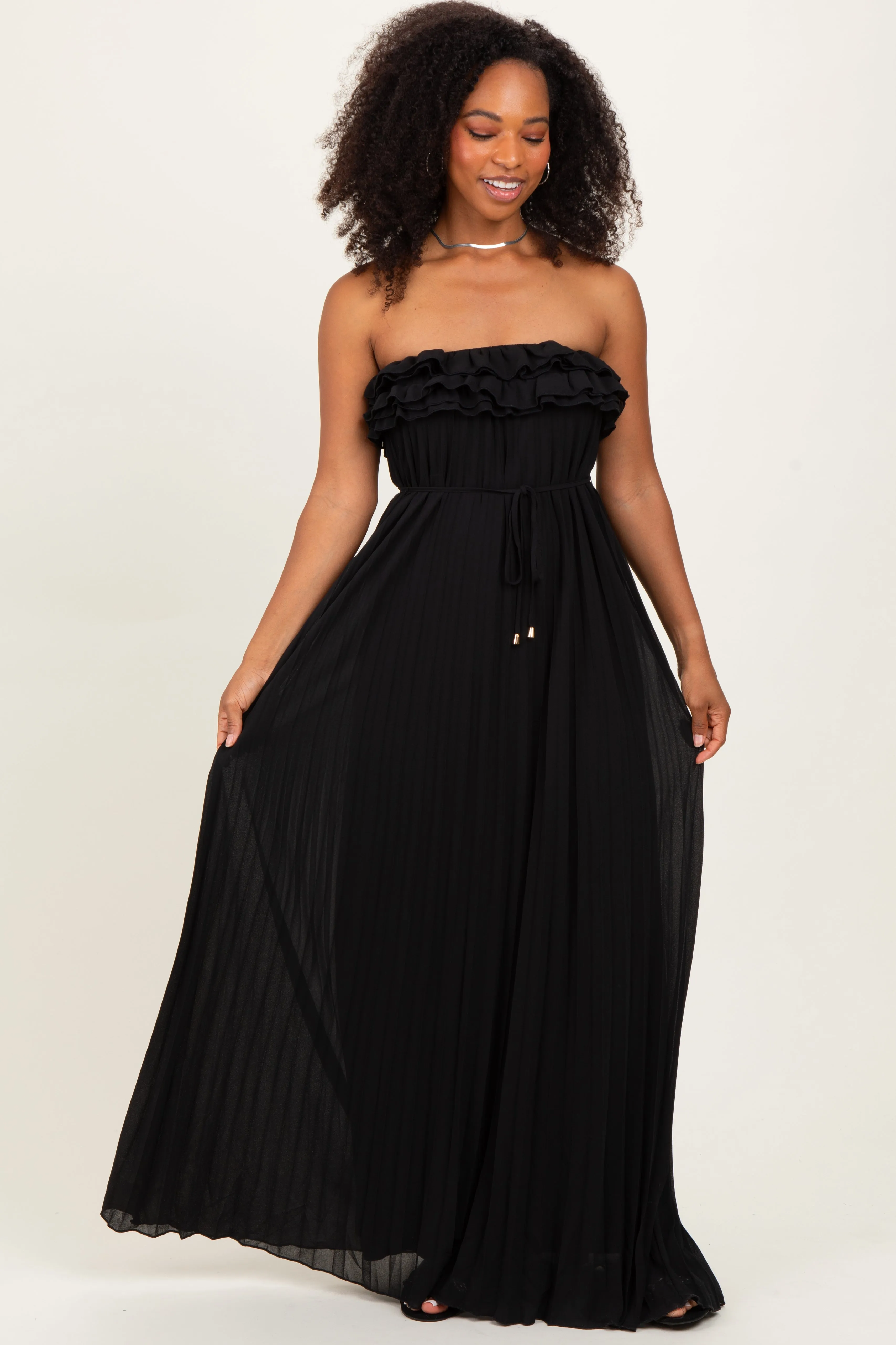 Black Ruffled Chest Pleated Maxi Dress With Self Tie sold by Pinkblush product image thumbnail 2