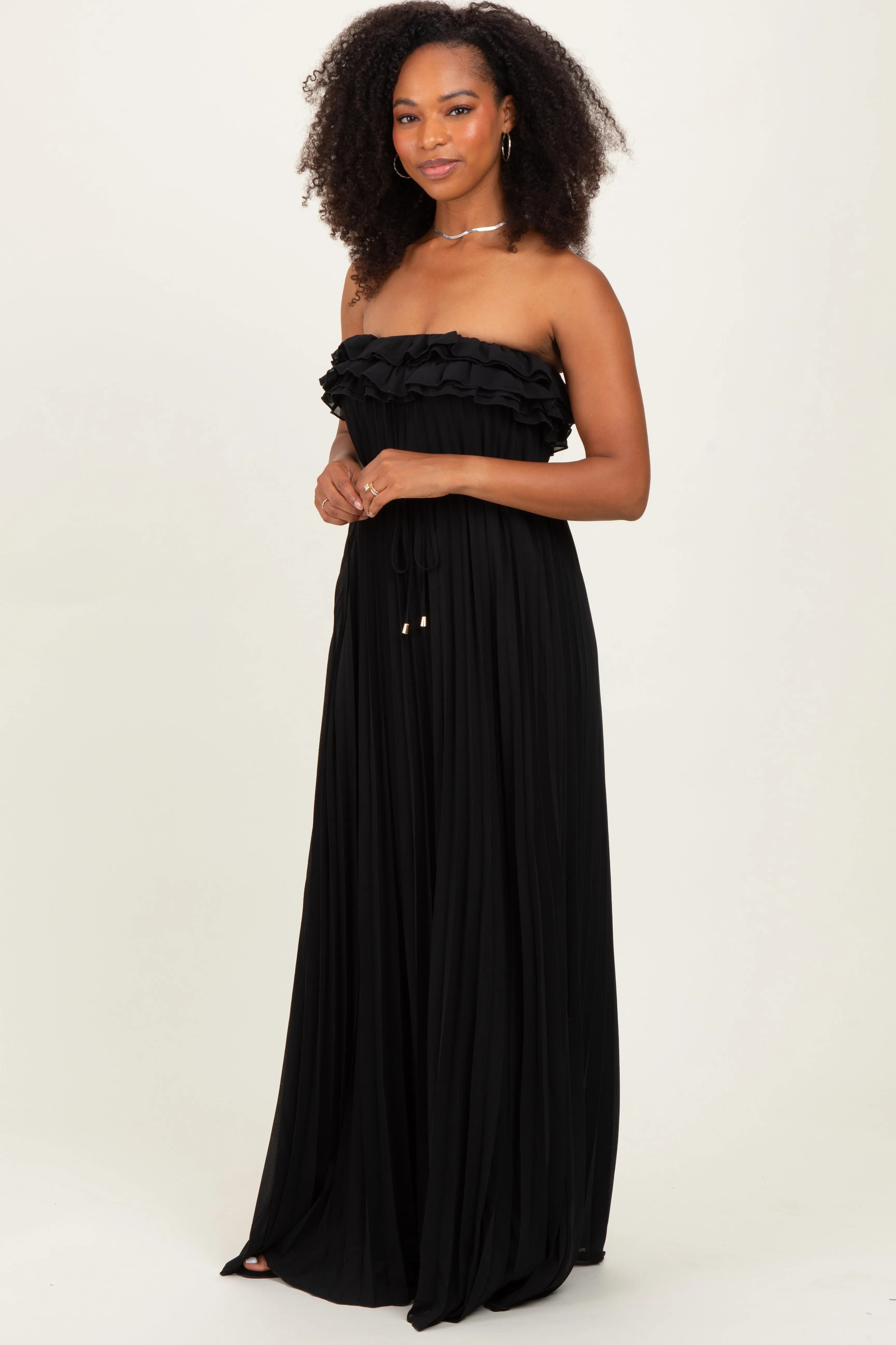 Black Ruffled Chest Pleated Maxi Dress With Self Tie sold by Pinkblush product image thumbnail 3