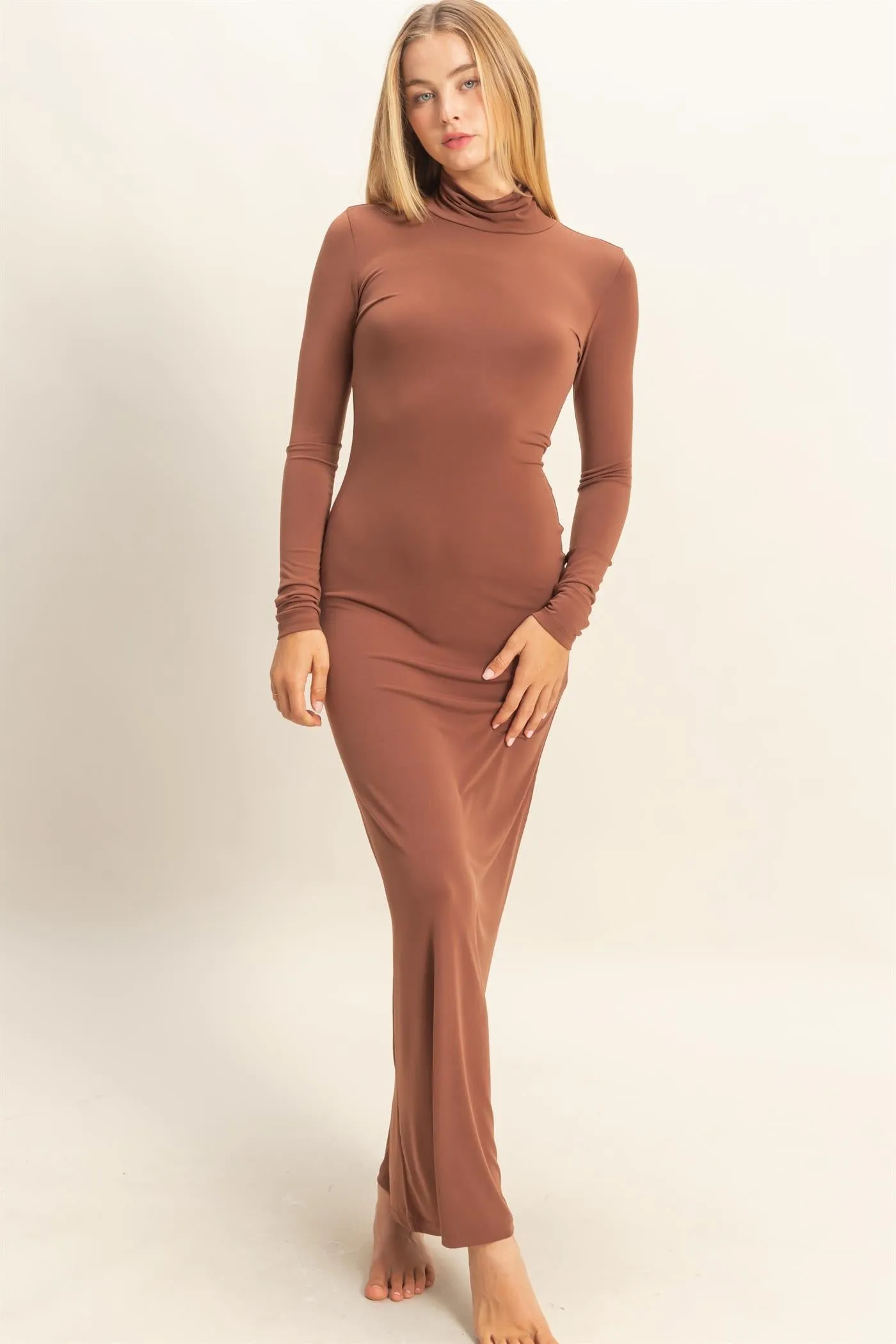 Camel Turtleneck Long Sleeve Maxi Dress sold by Pinkblush product image thumbnail 2