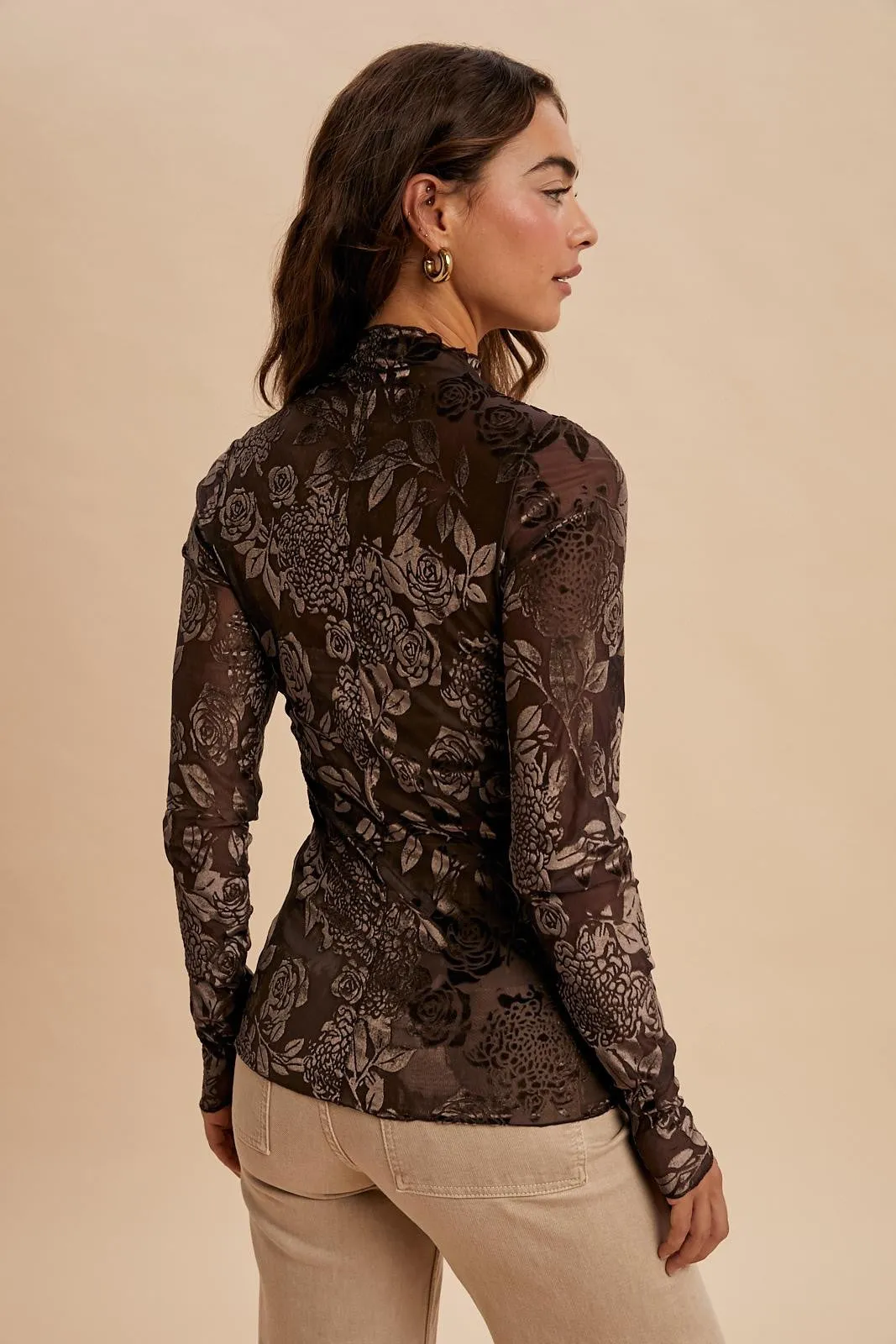 Brown Floral Velvet Mesh Long Sleeve Top sold by Pinkblush product image thumbnail 4