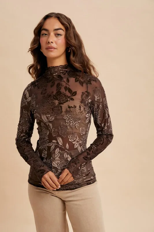 Brown Floral Velvet Mesh Long Sleeve Top sold by Pinkblush