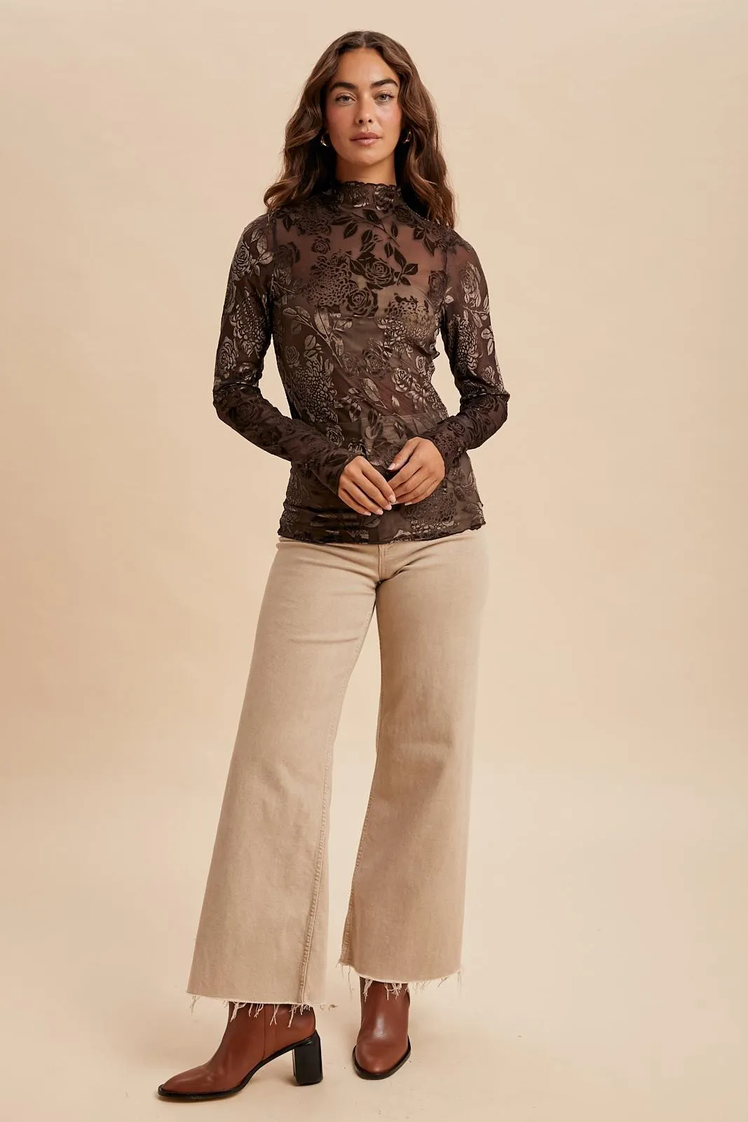 Brown Floral Velvet Mesh Long Sleeve Top sold by Pinkblush product image thumbnail 5