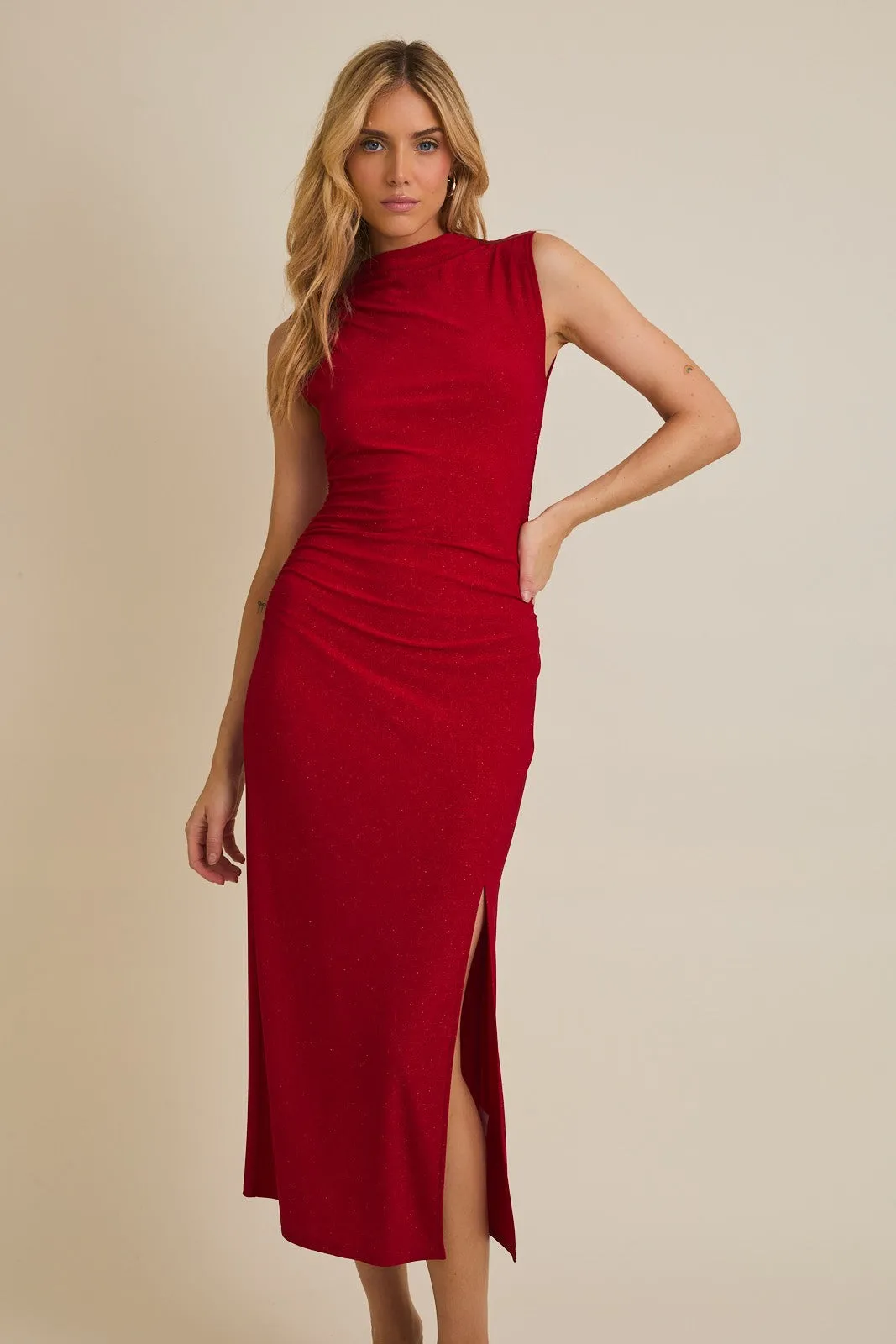 Red Glitter Ruched Side Slit Midi Dress sold by Pinkblush product image thumbnail 2