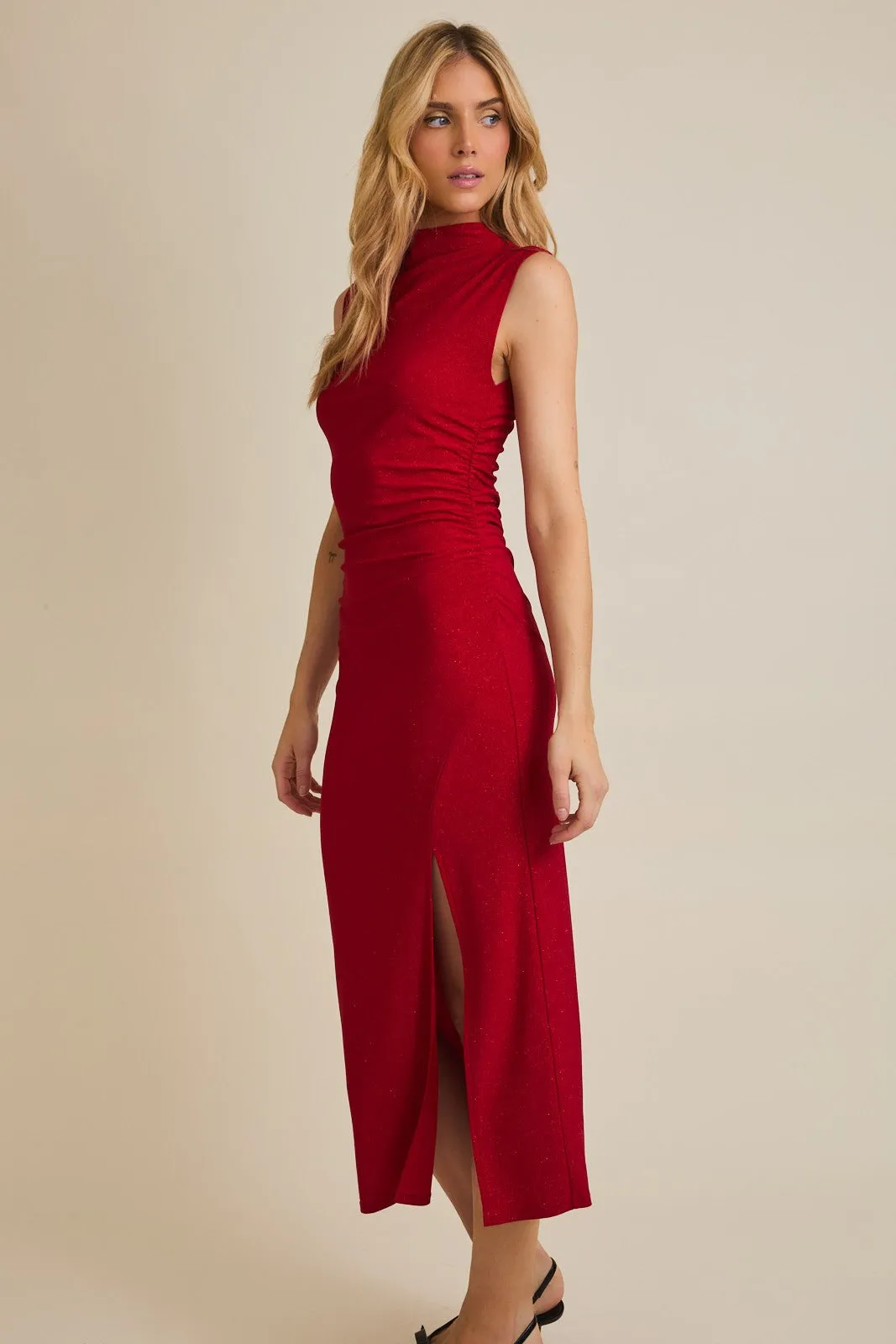 Red Glitter Ruched Side Slit Midi Dress sold by Pinkblush product image thumbnail 3