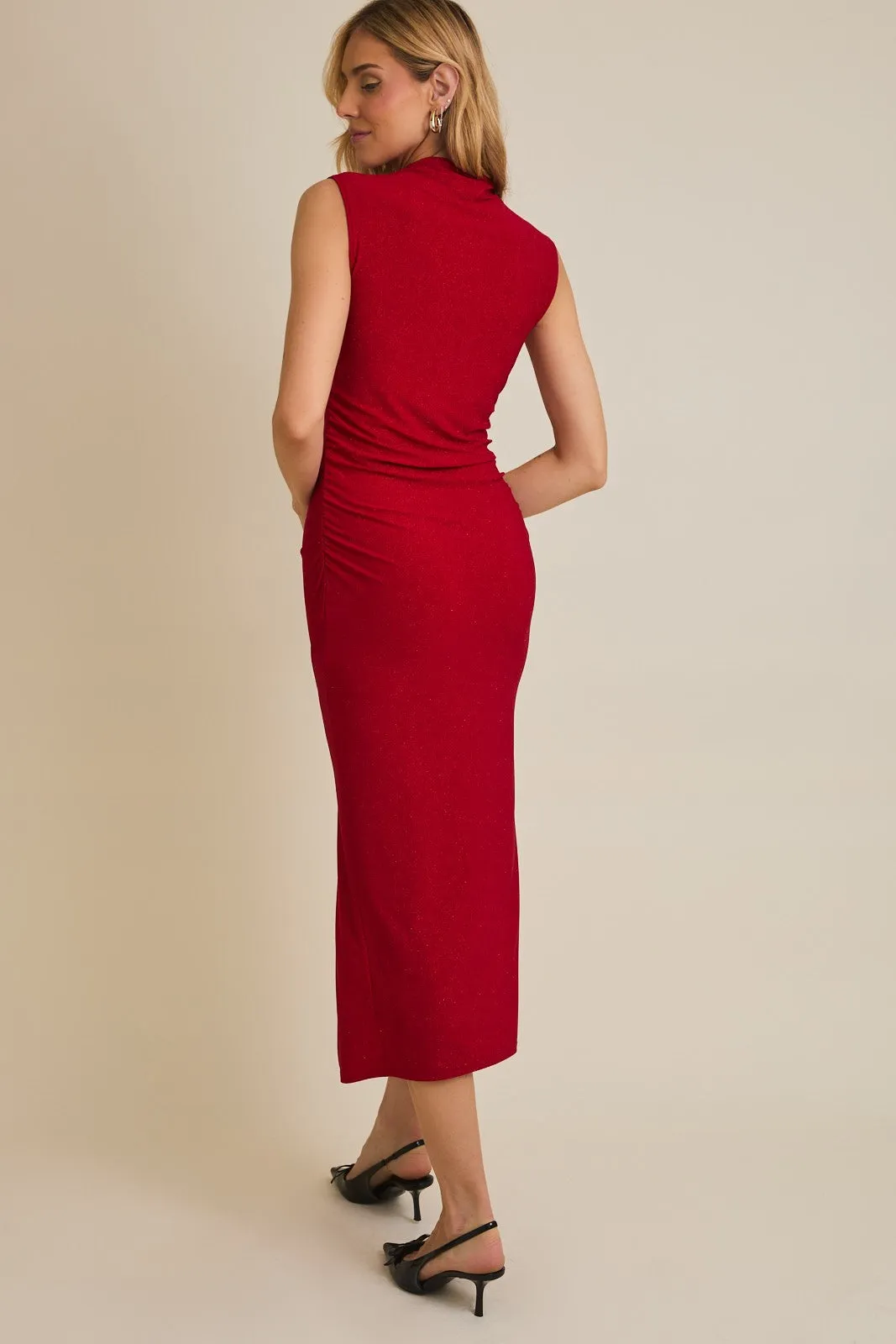 Red Glitter Ruched Side Slit Midi Dress sold by Pinkblush product image thumbnail 4