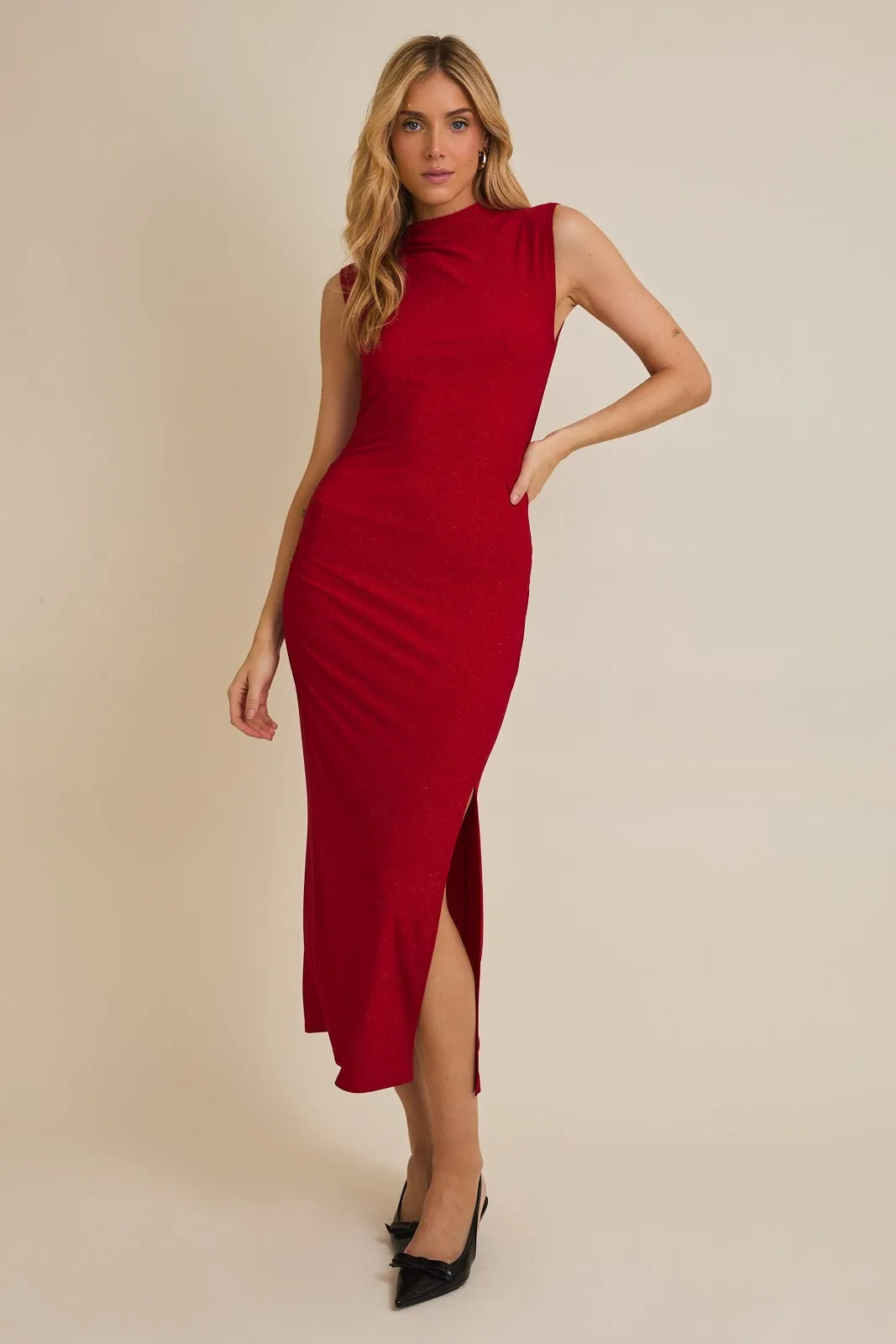 Red Glitter Ruched Side Slit Midi Dress sold by Pinkblush