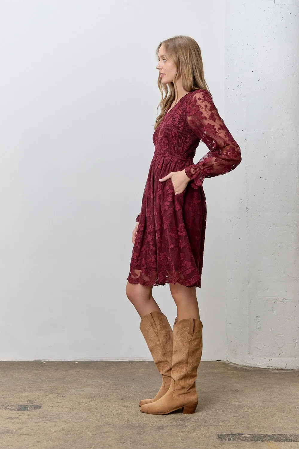 Burgundy Embroidered Lace Smocked Long Sleeve Dress sold by Pinkblush product image thumbnail 2