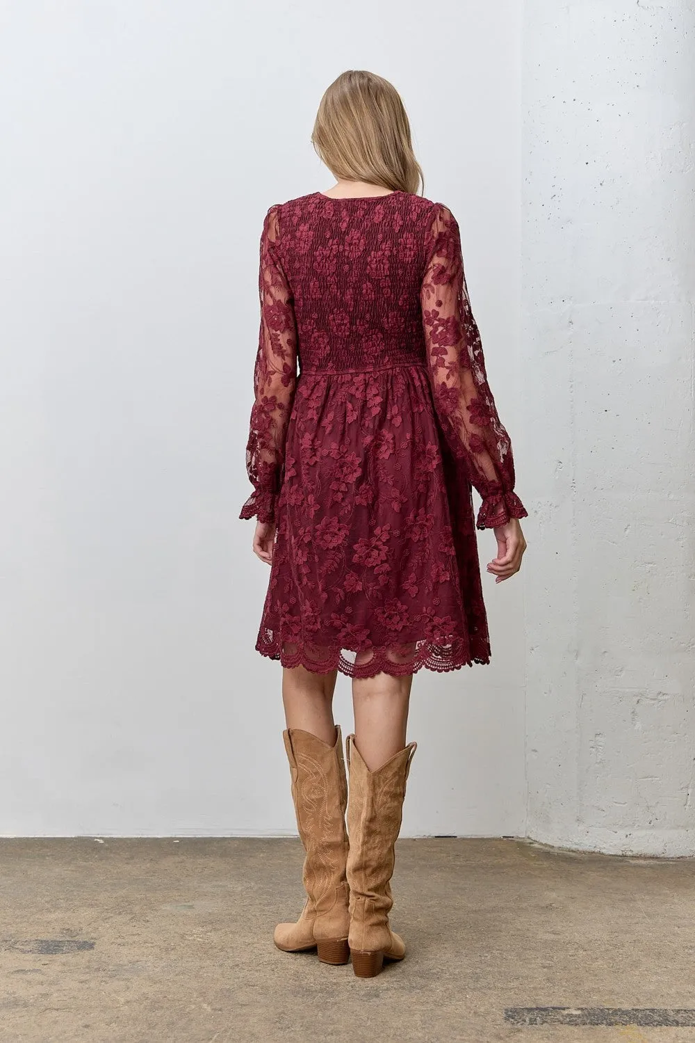 Burgundy Embroidered Lace Smocked Long Sleeve Dress sold by Pinkblush product image thumbnail 3